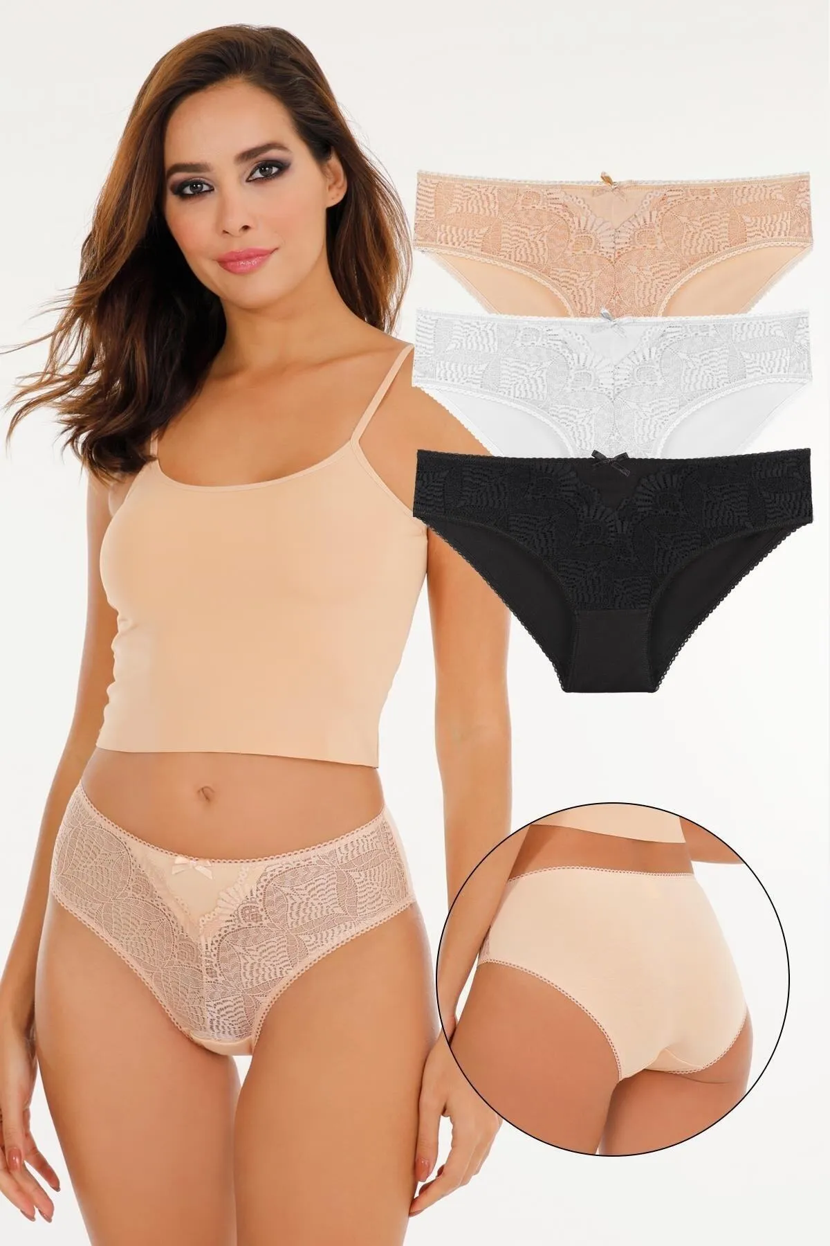 Sensu  3-teiliges Slip-Set mit Spitzendetail für Damen – Kts2076 (weite Passform)