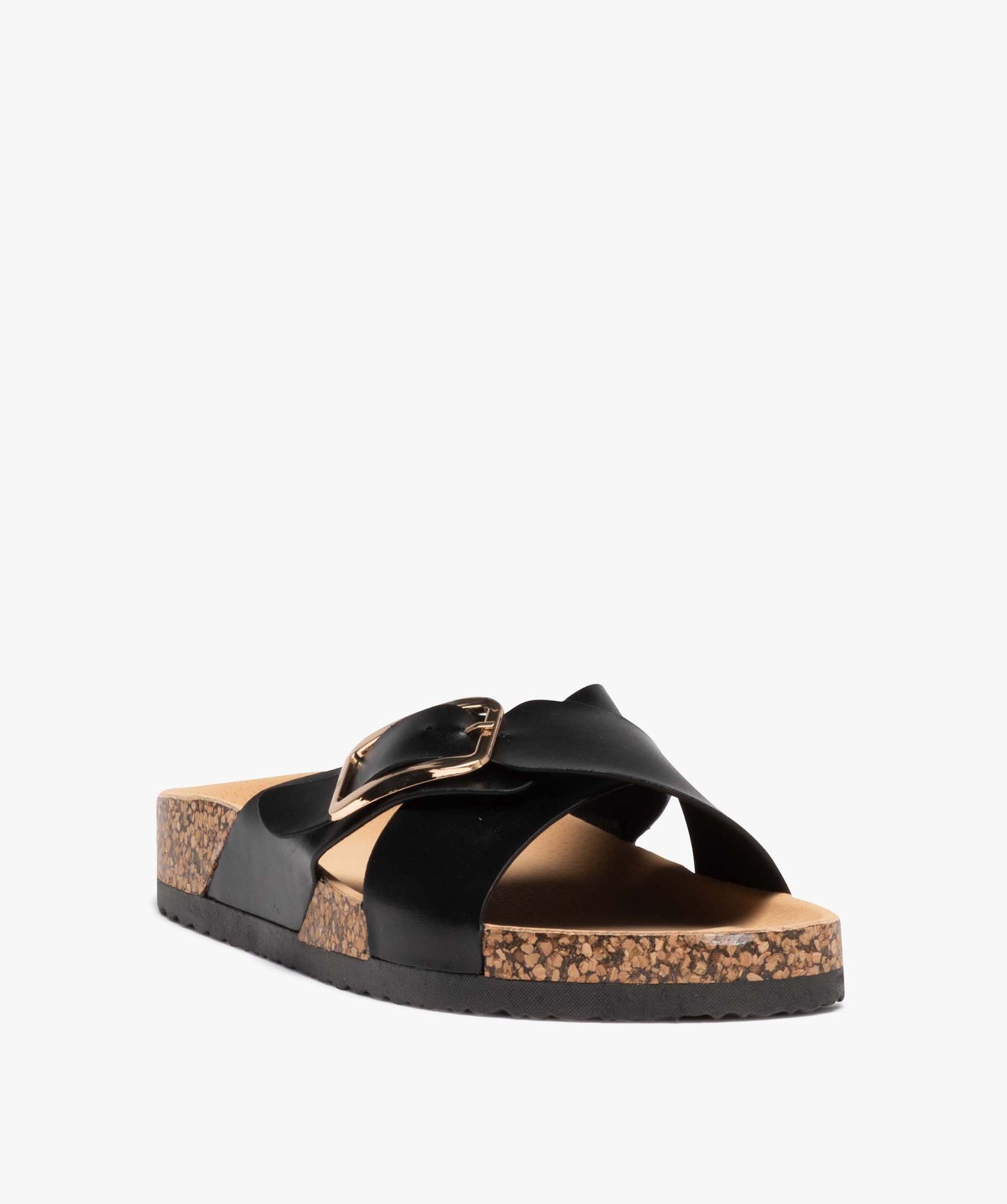 Mules femme unies à brides larges et croisées avec boucle ... noir | GEMO