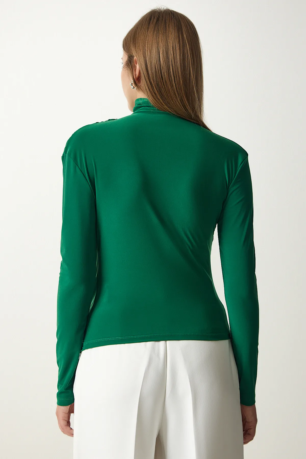 Happiness İstanbul  Damen-Bluse mit hohem Kragen und gerafftem Detail, Sandy, Grün, FF00135