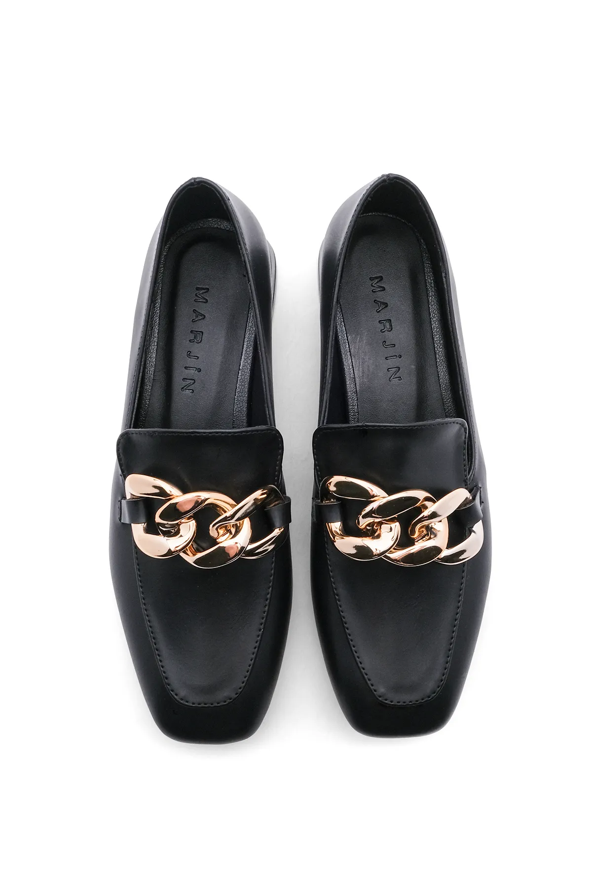 Marjin  Damen Loafer Chain Blunt Toe Freizeitschuhe Modena Schwarz