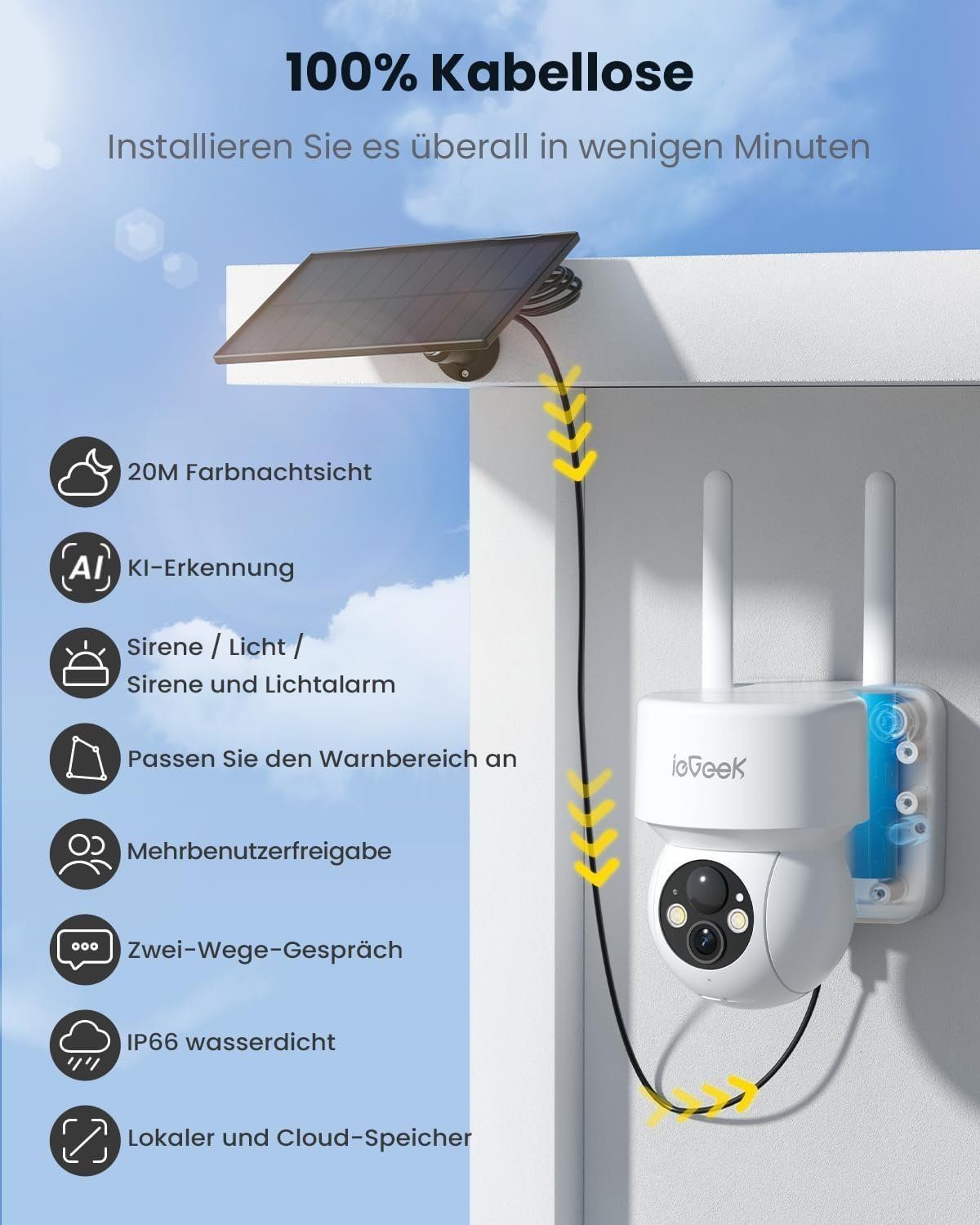 ieGeek 2K Solar Überwachungskamera Aussen Akku PTZ 355°/120° mit SD Karte Überwachungskamera (Aussen Außen Außenbereic Innenbereich, Sirene/Lichtalarm, Videoverlauf, Multi-User-Sharing, 3dBi Dual-WiFi-Antennen,Intelligente Erkennung und sofortiger Al