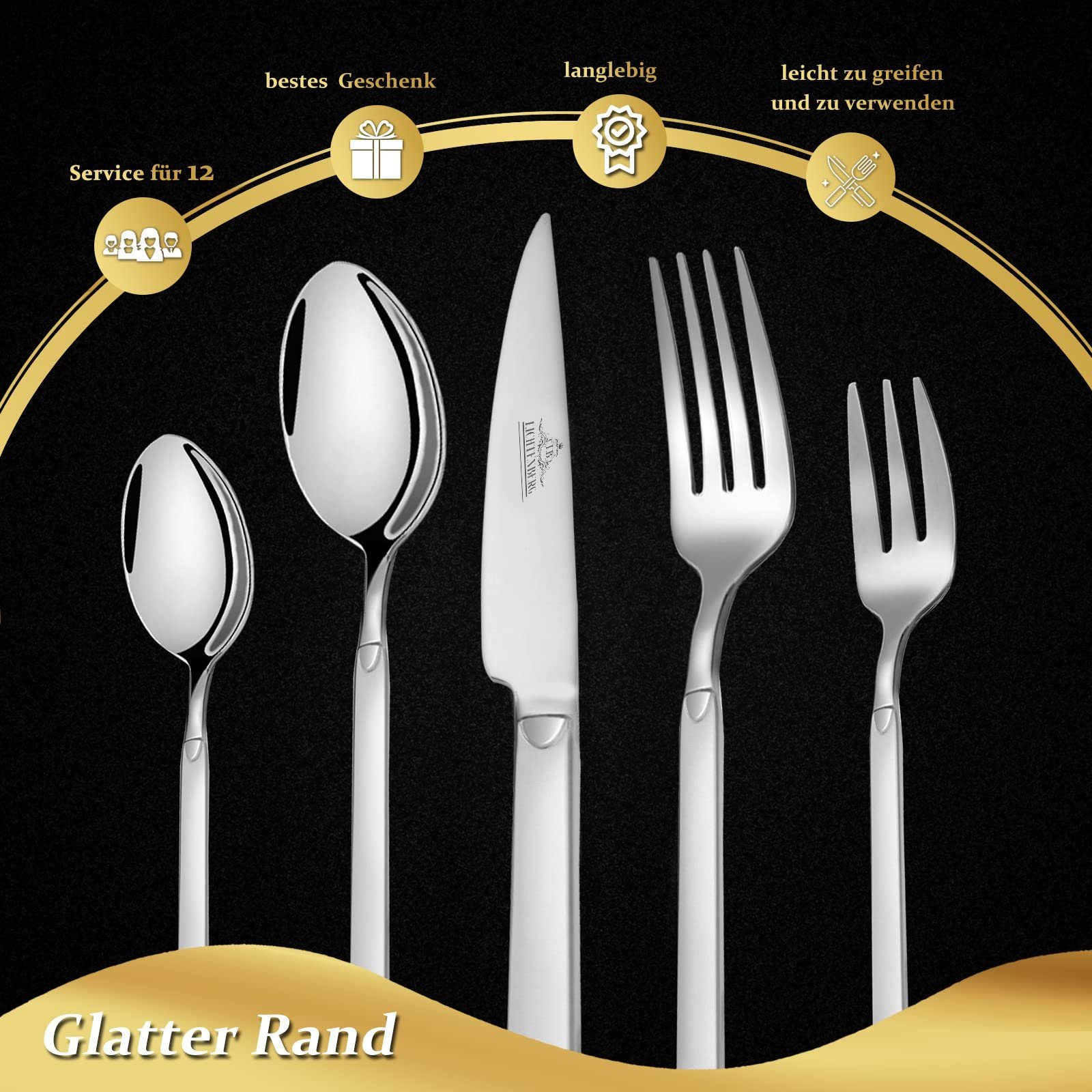 LB LICHTENBERG Besteck-Set 72-tlg. Besteck Set Für 12 Personen, 18/10 Edelstahl, glänzend Silber, inkl. Messer, Gabel, Löffel, Teelöffel Besteck, Spülmaschinenfest