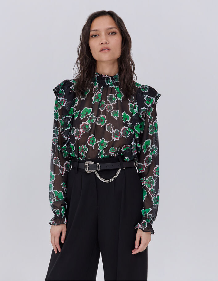 Blouse noire imprimé maxi floral à volants Femme