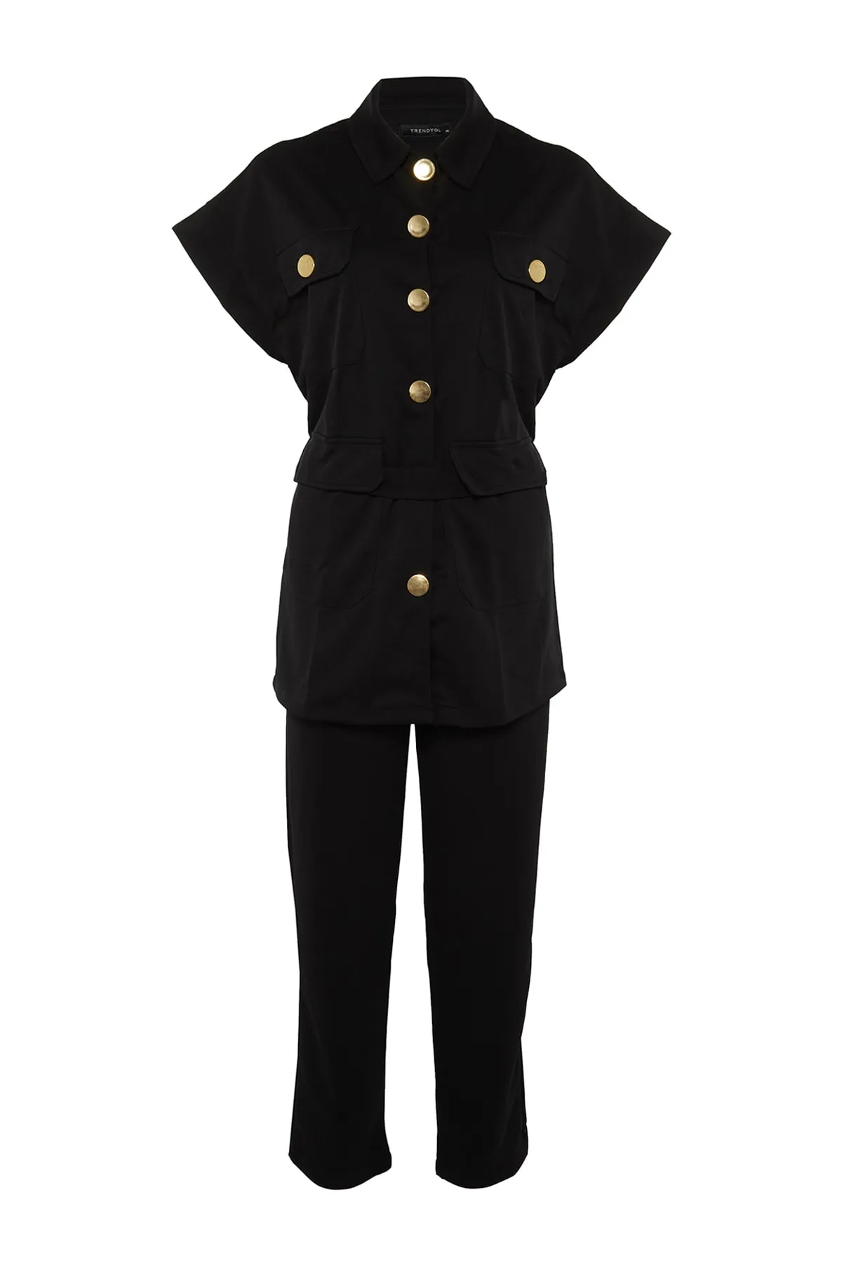 Trendyol Modest  Schwarz-goldener Strickanzug mit Weste und Hose mit Knöpfen TCTAW22US0062