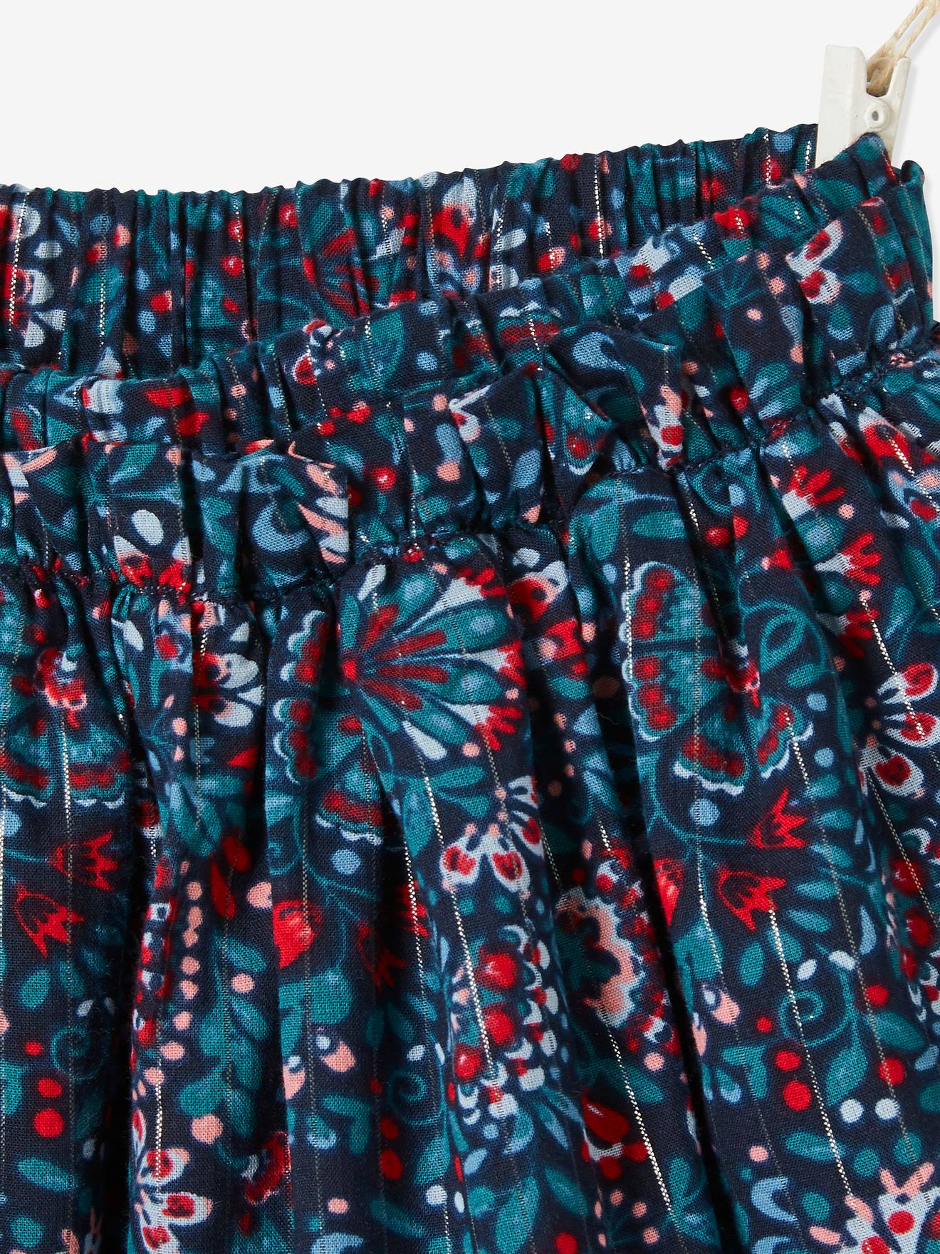 Jupe imprimée fleurs fille détails fils brillants marine imprimé