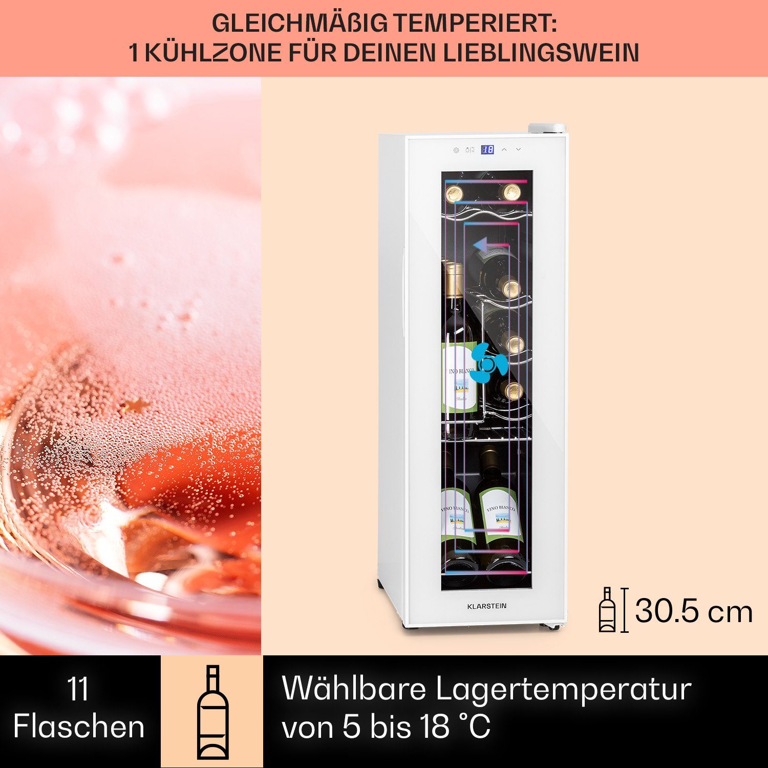 Klarstein Weinkühlschrank Shiraz 12 Slim Uno, für 12 Standardflaschen á 0,75l,Wein Flaschenkühlschrank Weintemperierschrank Weinschrank Kühlschrank