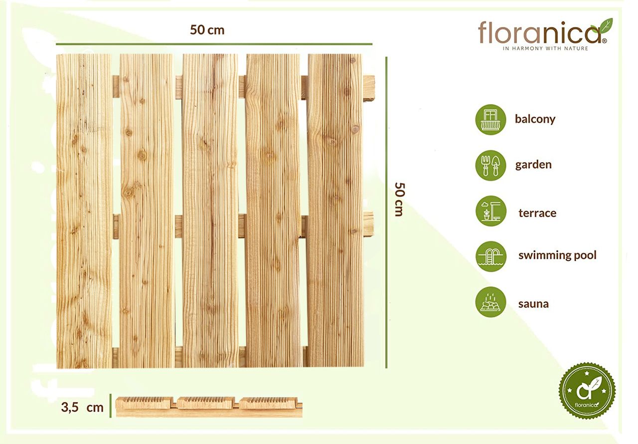 Pemicont Floranica Holzterrassenplatten 1 Stück 50x50 cm Imprägniertes Lärchenholz Natur Boden für die Sauna Terrasse oder dem Balkon Holzfliese im Garten Gefräste Oberfläche Balkonfliesen