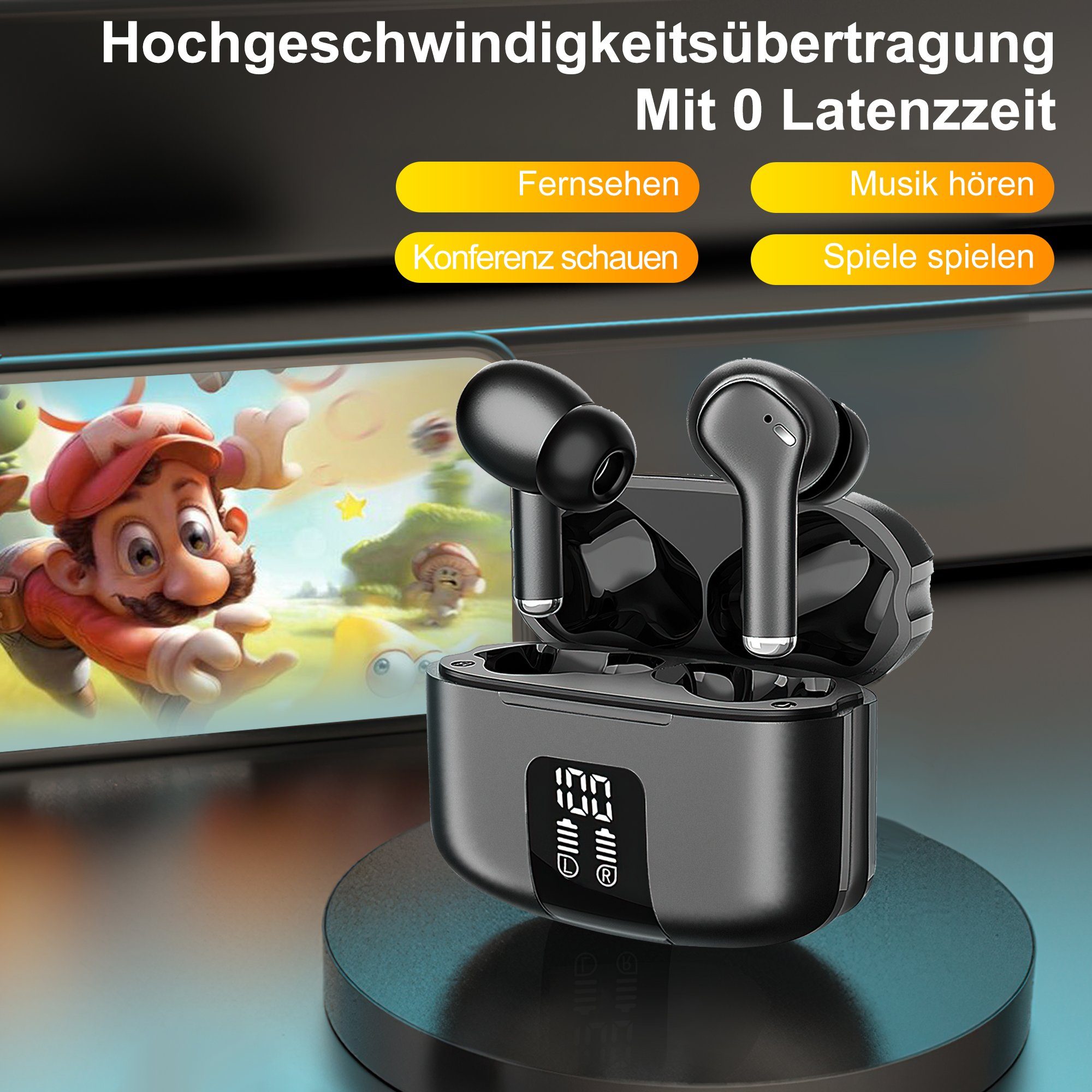 Vbrisi Bluetooth Kopfhörer, True Wireless Bluetooth 5.3 IPX5 wasserdicht In-Ear-Kopfhörer (Voice Assistant, Rauschunterdrückung, Bluetooth)