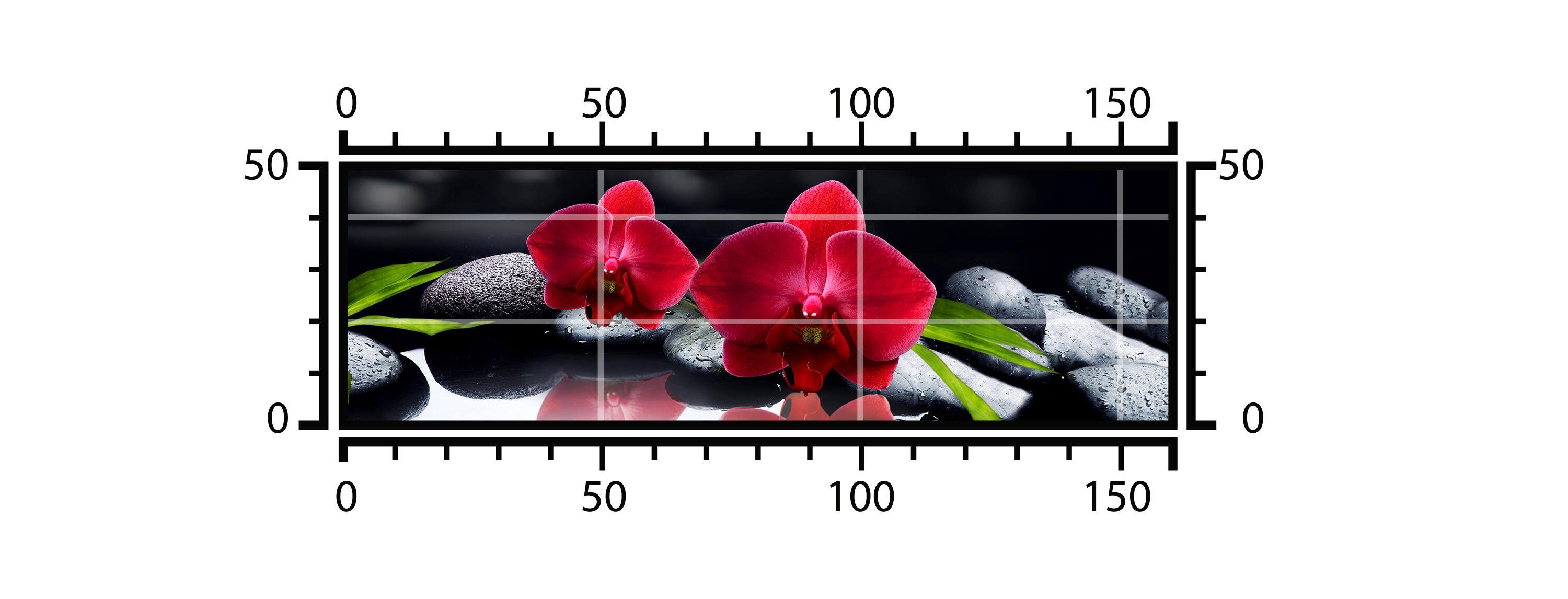 wandmotiv24 Küchenrückwand Orchidee rot Steine schwarz tropfen Spie, (1-tlg), Premium Hartschaum Nischenrückwand in versch. Größen