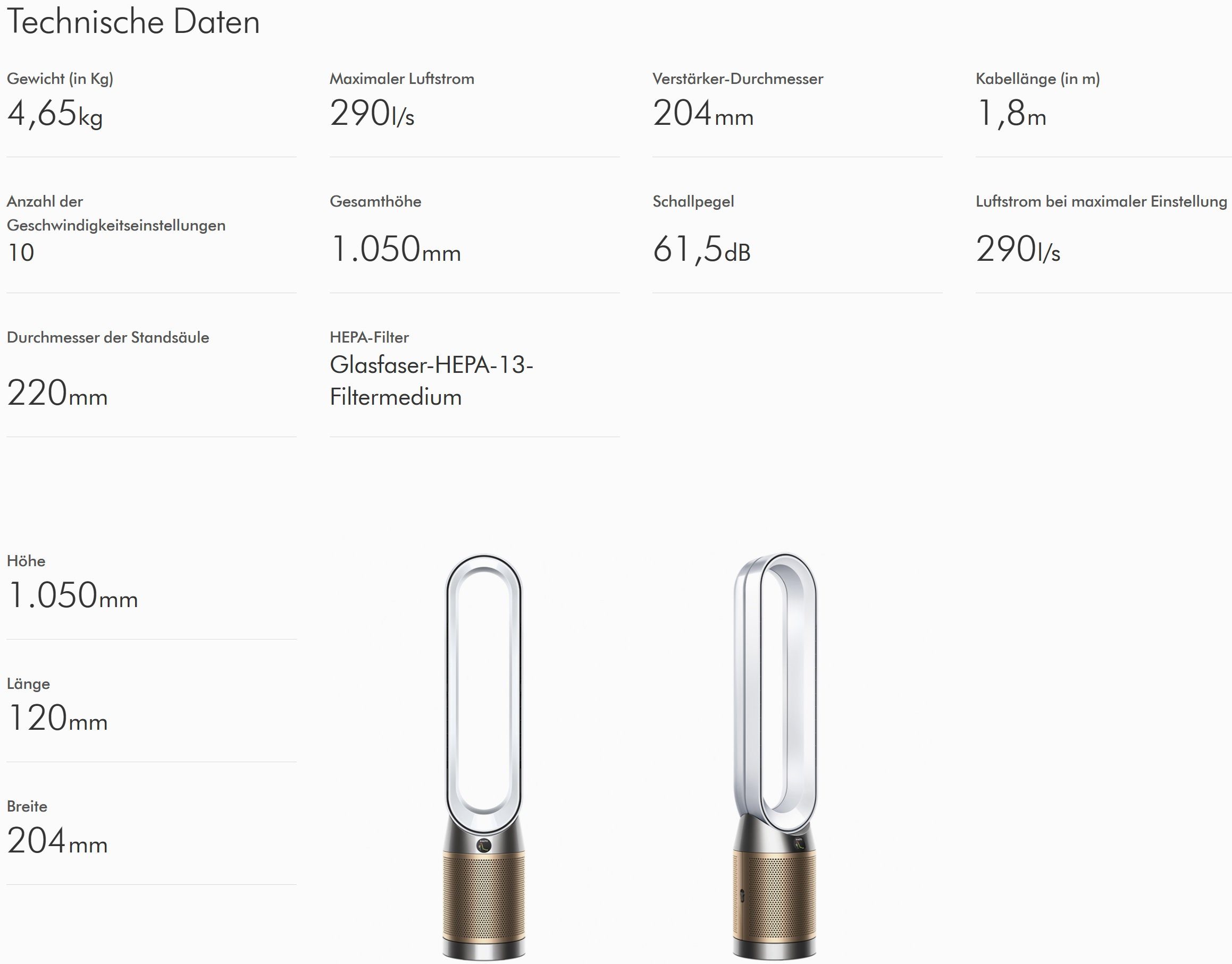 DYSON Ventilatorkombigerät TP09 Purifier Cool Formaldehyd 2in1 gold Ventilator Luftreiniger leise, Schlafzimmer geeignet, für Allergiker, Raucherzimmer, Turmventilator
