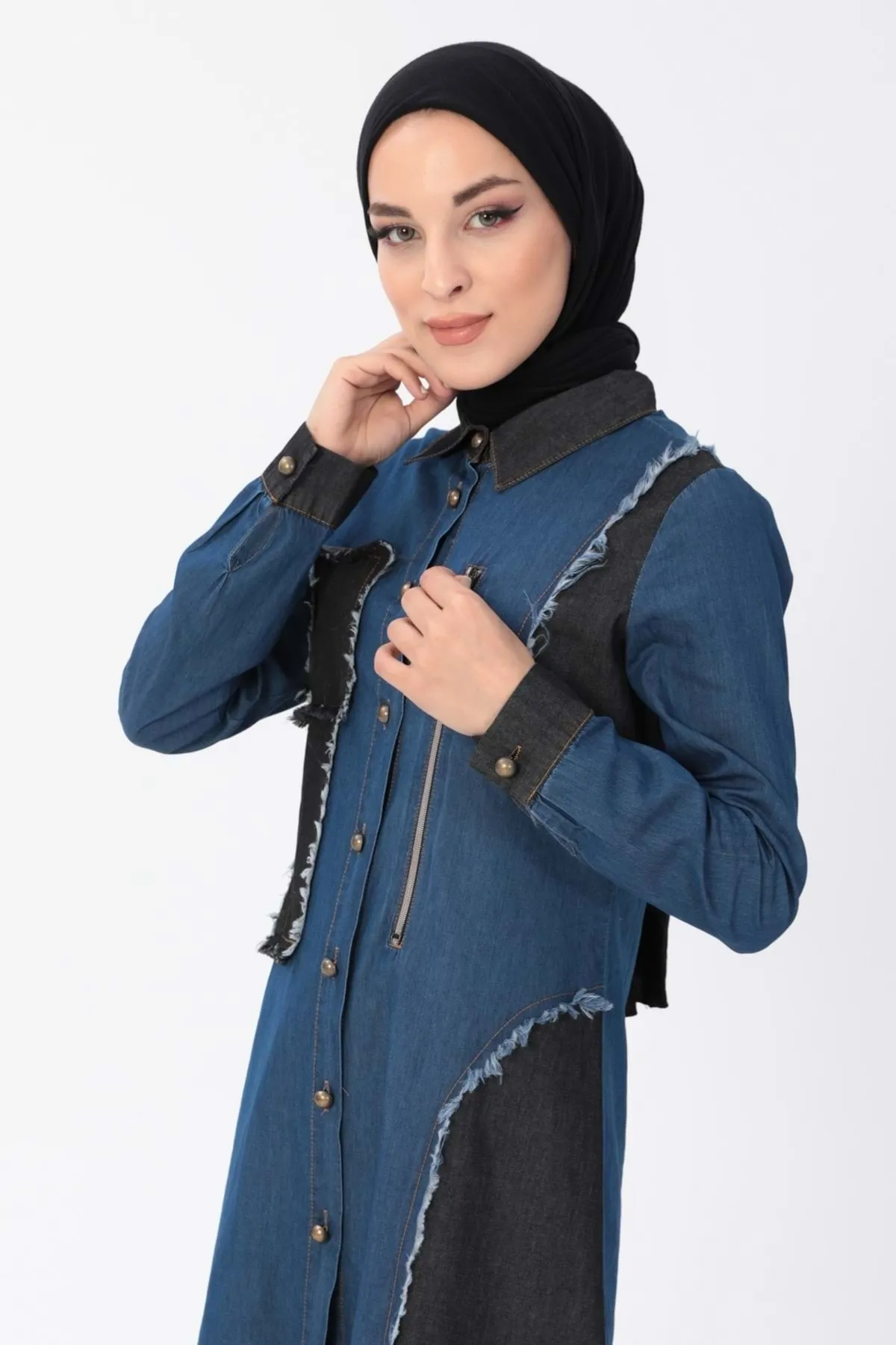 Modamihram  Reißverschluss Detaillierte Hijab-Denim-Kombination Dark Denim 10074