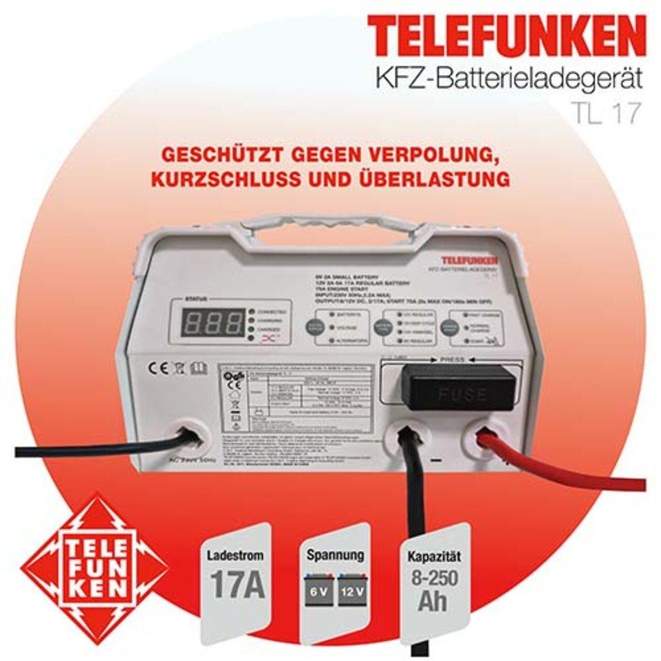Telefunken Telefunken KFZ-Batterieladegerät TL 17 Autobatterie-Ladegerät (2,61 mA, Schutz gegen Kurzschluss Überlastung, autom. Batterietyperkennung)
