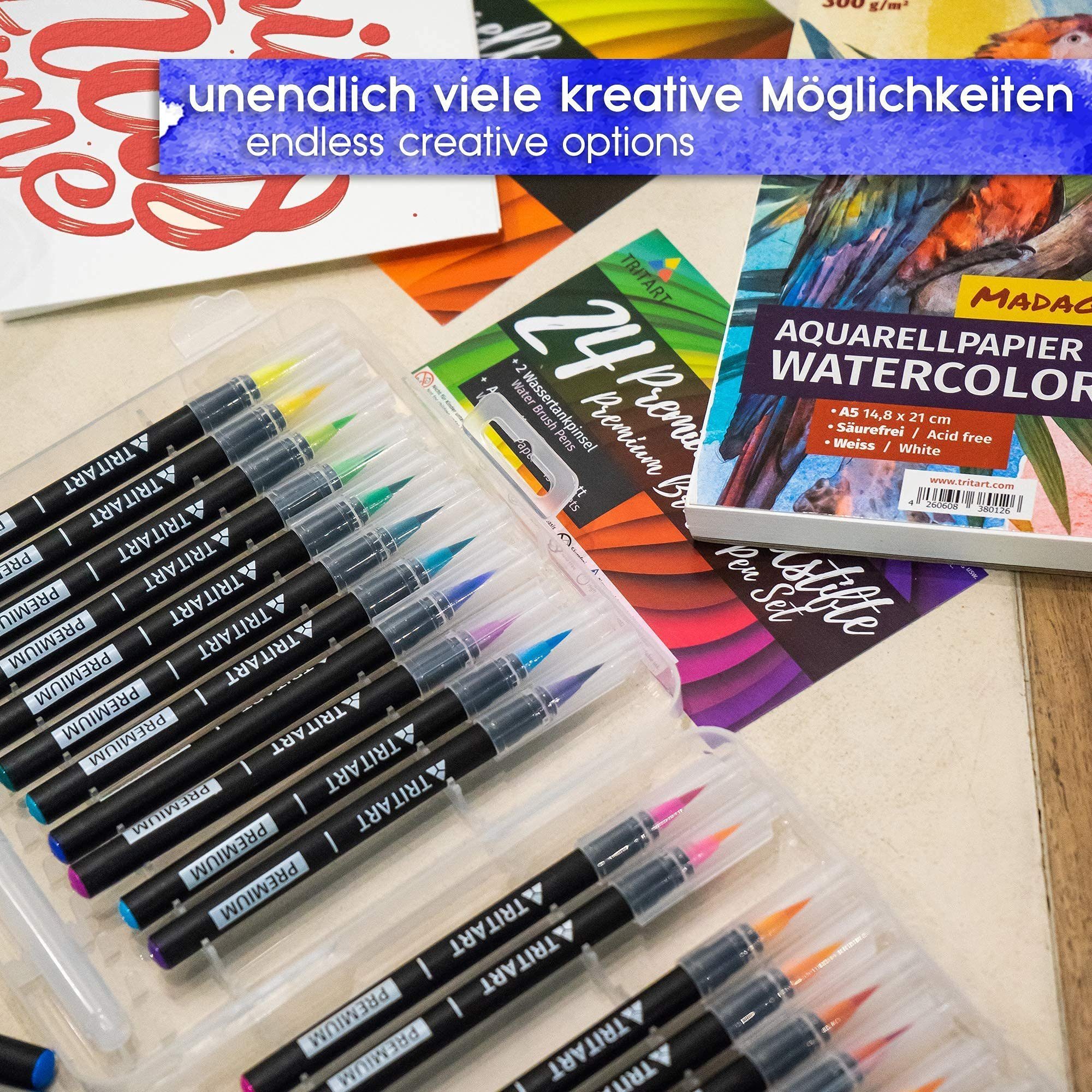 Tritart Pinselstift Pinselstift-Set - 24 Stifte, 2 Wasserpinsel, 15 Aquarellblätter, Brush Pens Set - 24 Pens, 2 Water Brushes, 15 Sheets