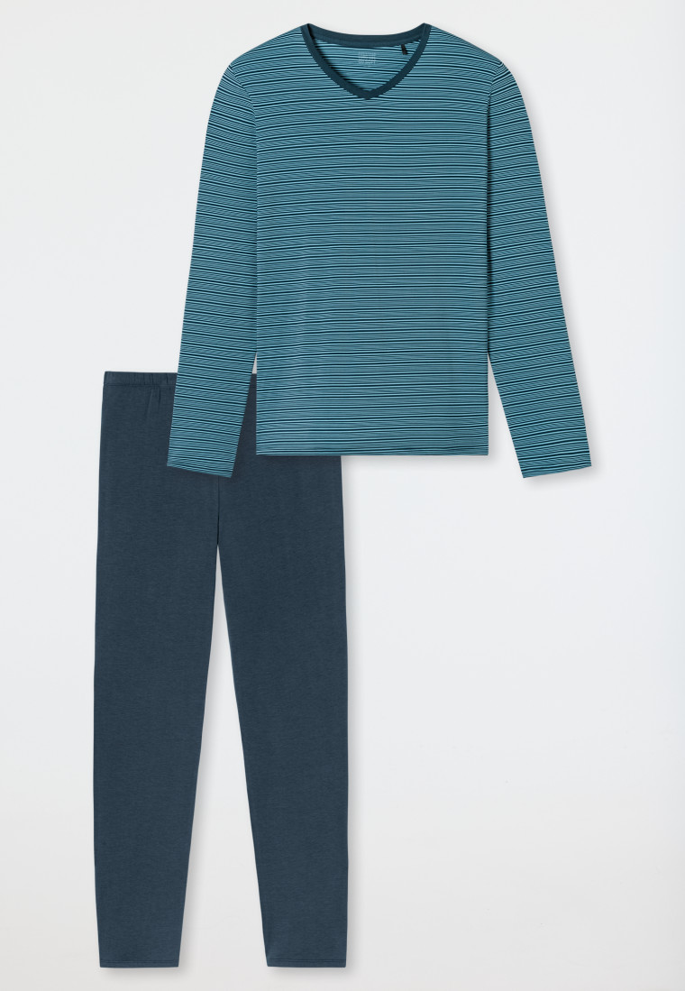 Schlafanzug lang Streifen jeansblau - Long Life Soft