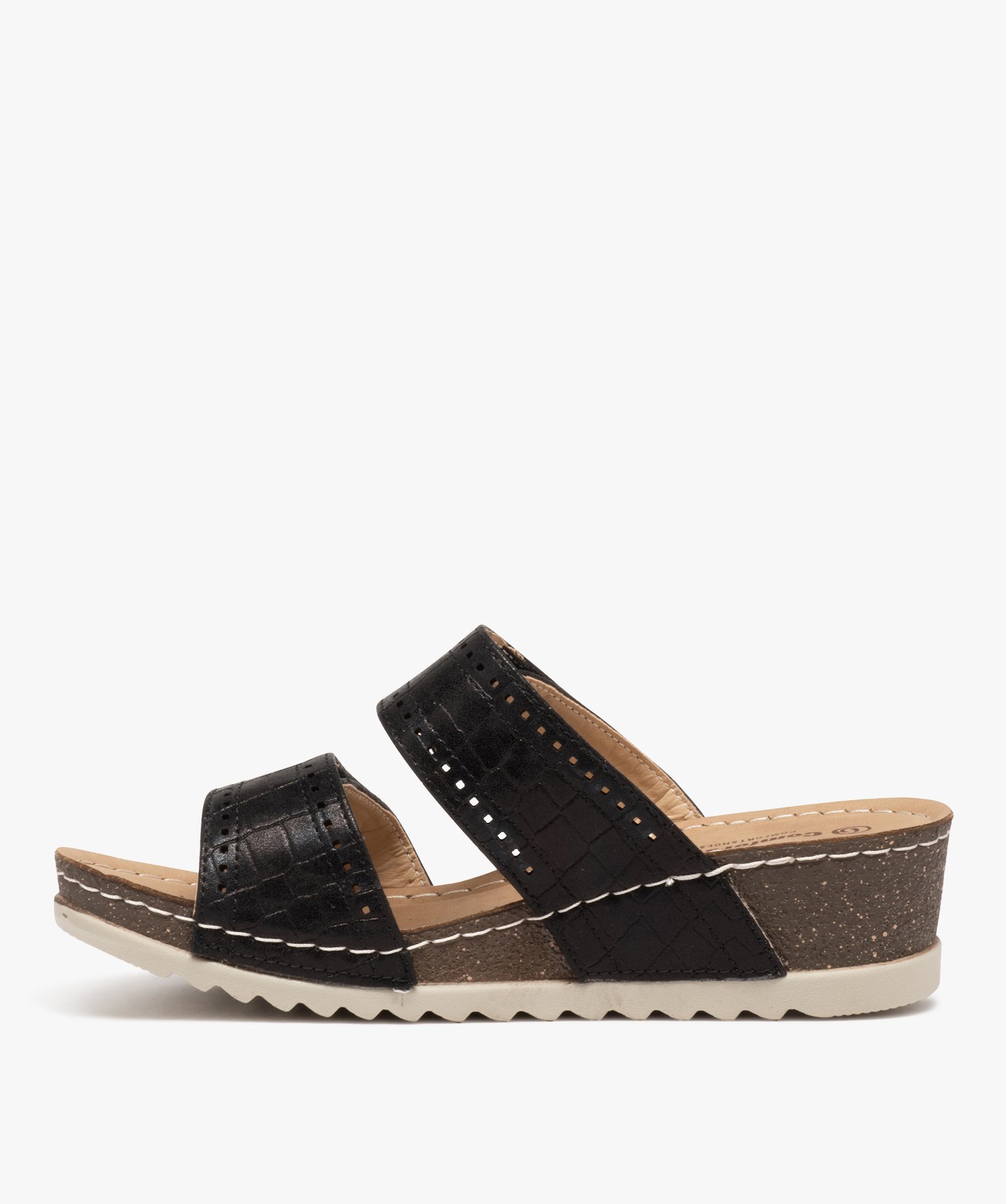 Mules femme confort à talon compensé et brides fantaisie noir | GEMO