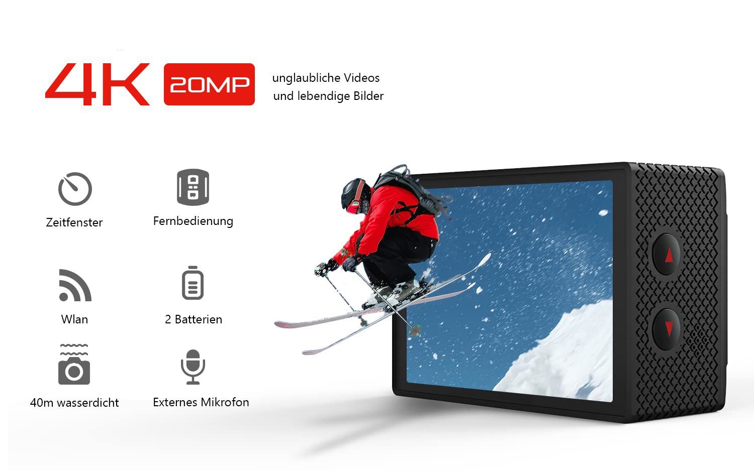 COOAU Action Cam 4K 20MP Unterwasserkamera WiFi 40M wasserdichte Action Cam (4K Ultra HD, 2,4G WLAN (Wi-Fi), EIS Bildstabilisierung Unterwasserkamera 40m/131ft Wasserdicht Kamera, 2 Akkus 1200mAh, Zubehör Kit, Externem Mikrofon)