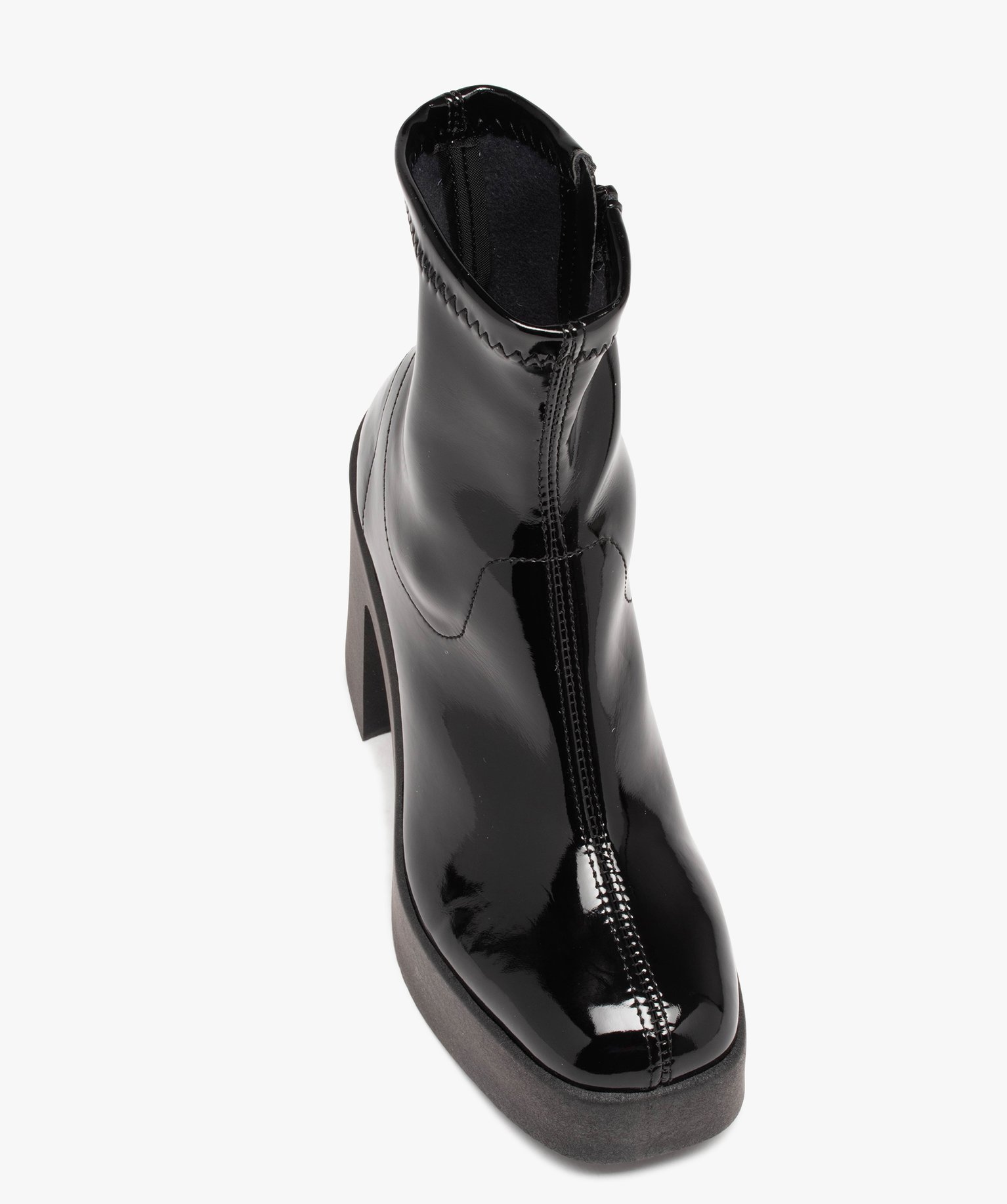 Boots femme vernies à talon flare avec col ajusté et bout ... noir | GEMO