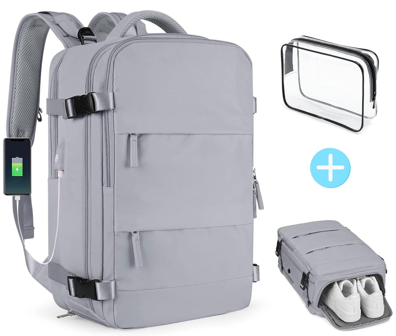 INTEBIKI Reiserucksack Lässiger Rucksack Damen und Herren (Reiserucksack wasserdicht groß mit USB-Lade-Anschluss für 15,6