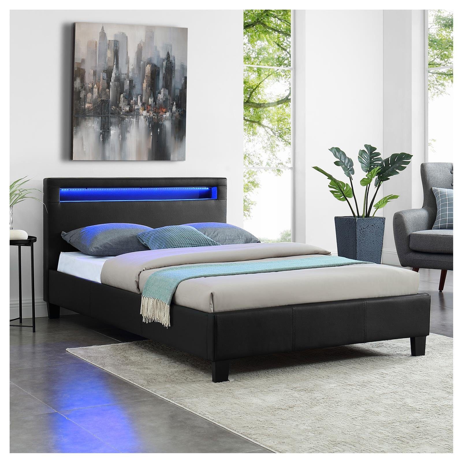 CARO-Möbel Polsterbett MIRASOL, Polsterbett Einzelbett Doppelbett Jugendbett mit LED 120 x 200 cm schw