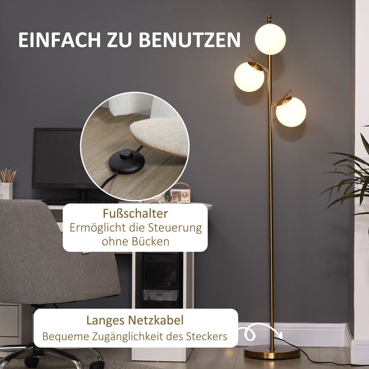 HOMCOM Stehleuchte, Stehlampe, 40 W Standlampe mit E27 Fassung exkl. Glühbirne