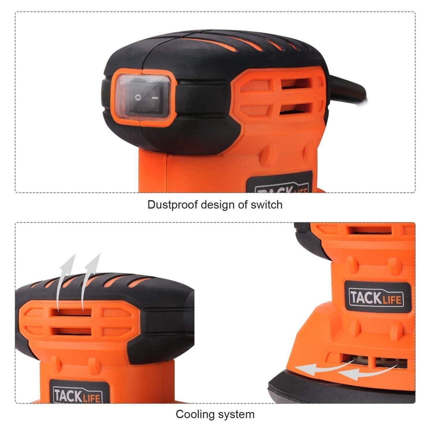 TACKLIFE Multischleifer, 130W 12000RPM mit 12 Schleifpapieren, 3m Netzkabel
