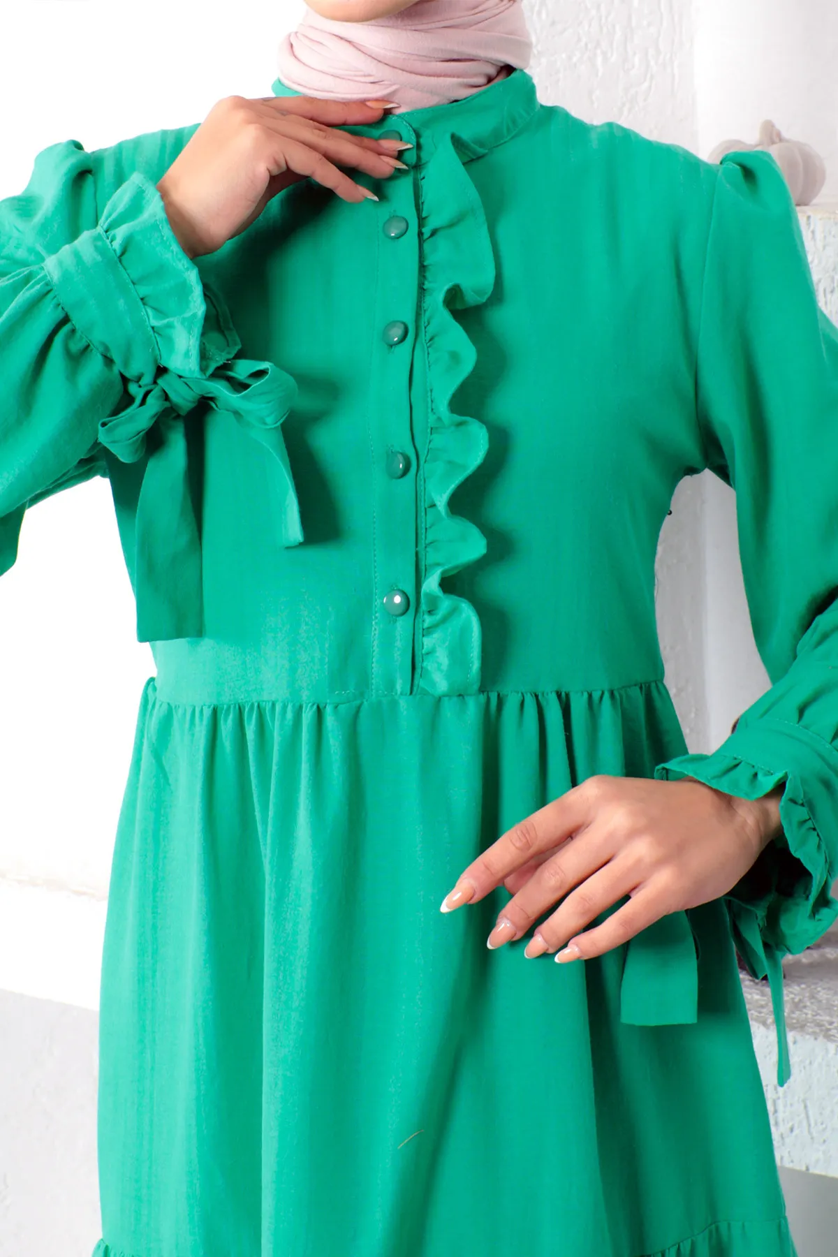 Tesettür Dünyası  Hijab-Kleid mit gebundenen Ärmeln Tsd221207 Grün