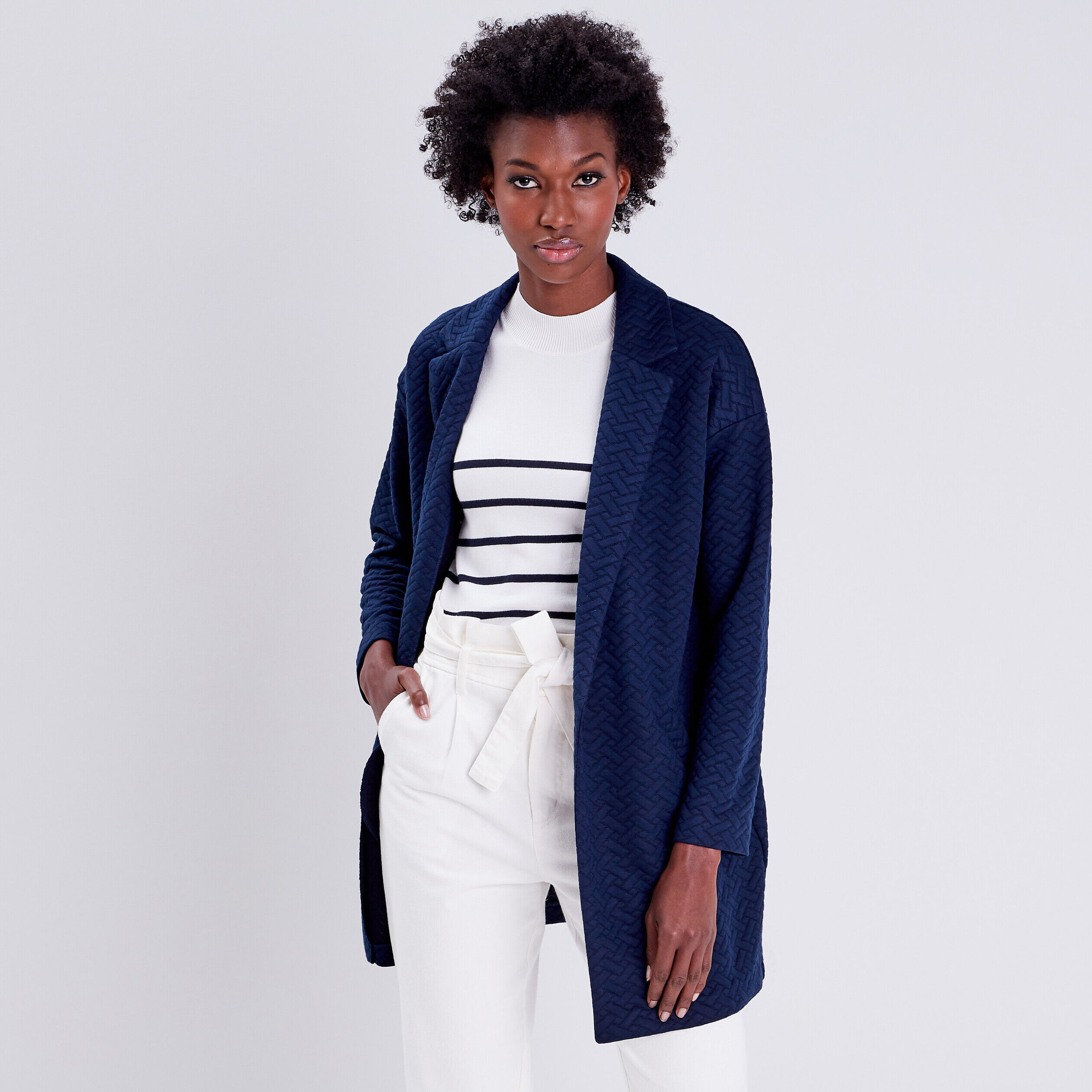 Manteau droit manches longues bleu marine femme | Cache Cache