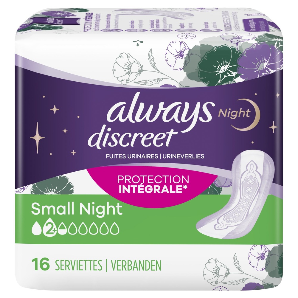 always Always Discreet Serviettes Pour Fuites Urinaires Small Night x16 Serviettes Pour Fuites Urinaires