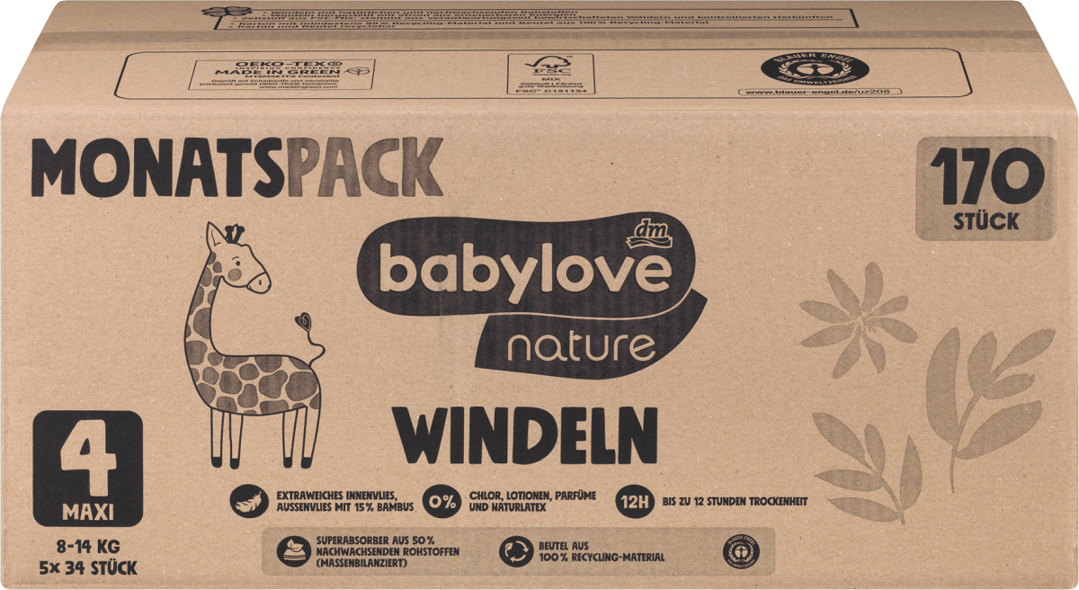 Windeln Gr. 4, Maxi (8-14 kg), Monatspack, 170 St