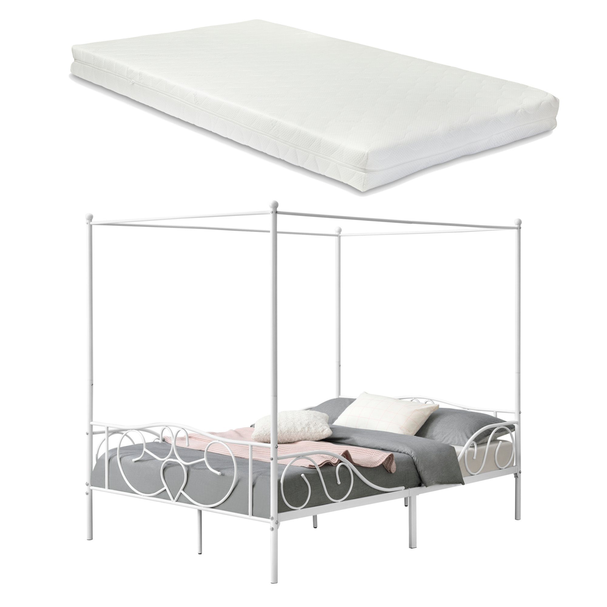 en.casa Himmelbett, Finström Doppelbett aus Stahl 140x200 cm mit Matratze Weiß