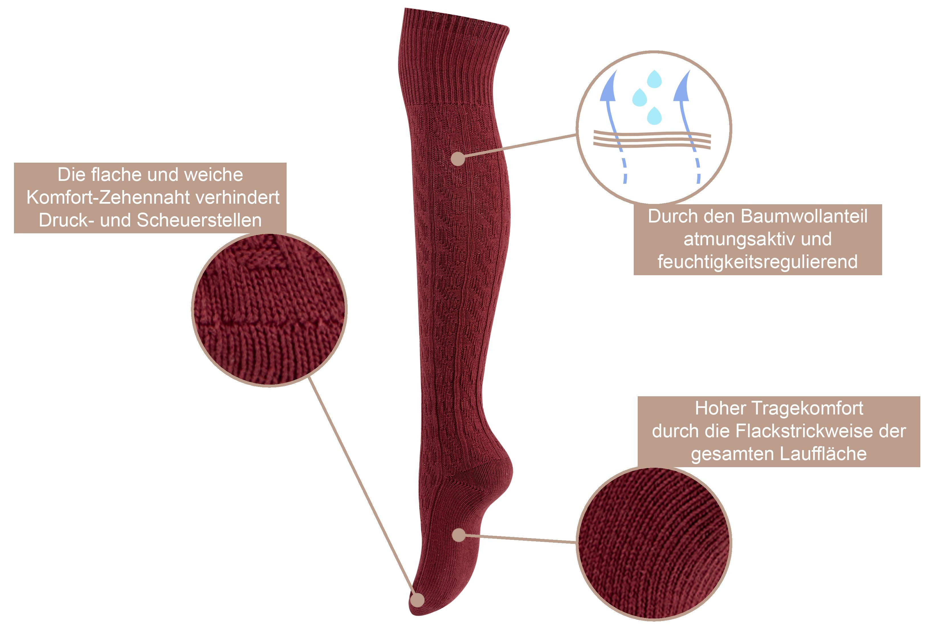 Paolo Renzo Overknees mit Zopfmuster aus hochwertiger Baumwolle (1-Paar, breiter Pique-Komfortbund) Atmungsaktive Damen Overknee Strümpfe - Uni - Einheitsgröße