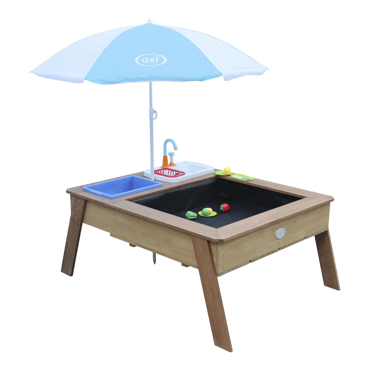 AXI Linda Sand & Wassertisch mit Spielküchenspüle Braun - Sonnenschirm Blau/Weiß