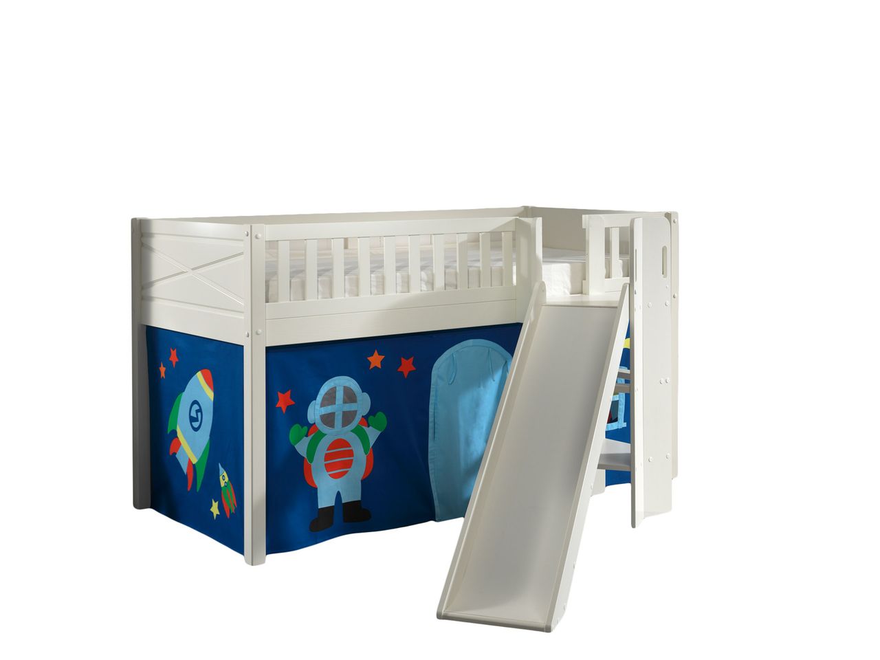 VIPACK Spielbett SCOTT, LF 90 x 200 cm, mit Rolllattenrost, Rutsche, Leiter und Textilset Vorhang 