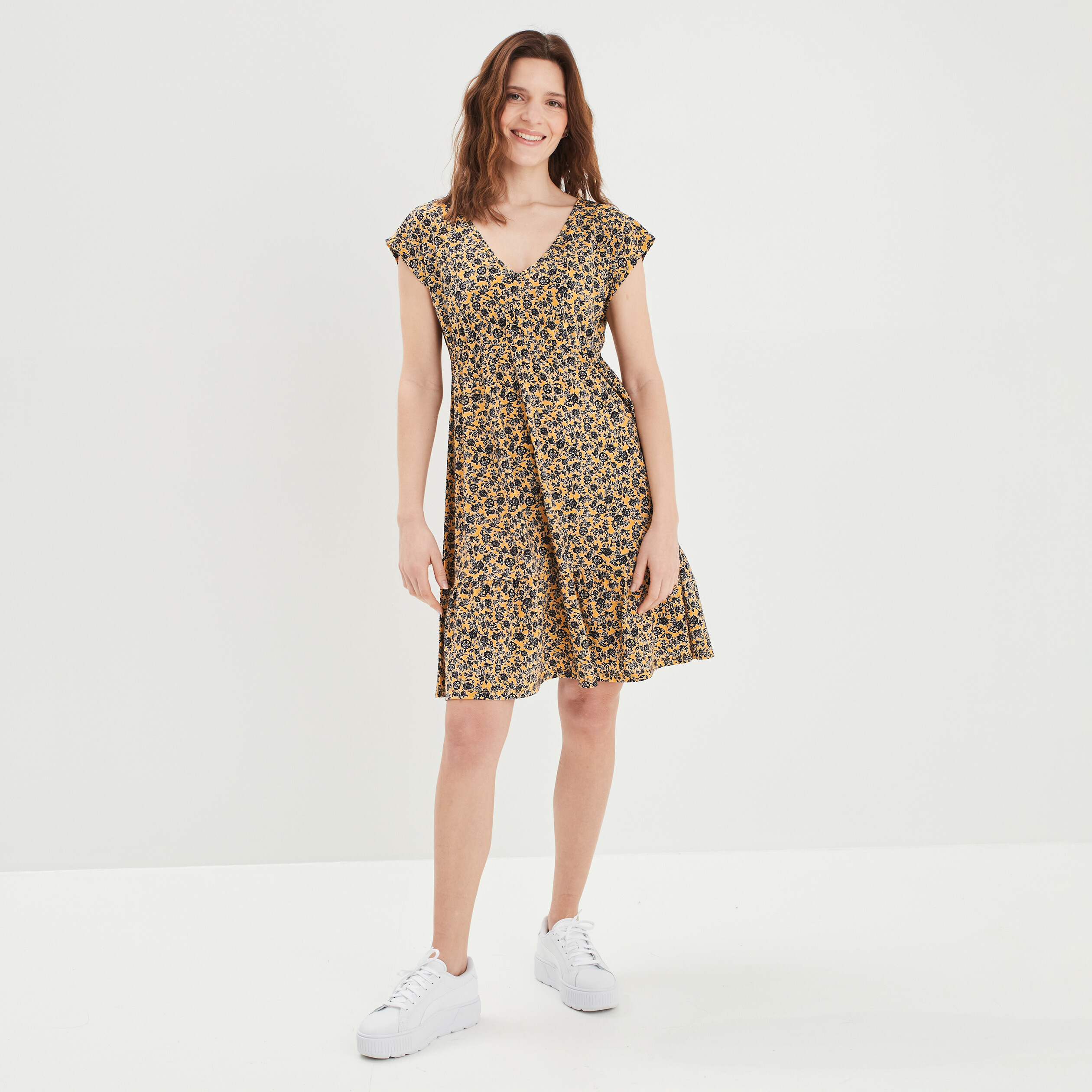 Robe évasée manches courtes jaune moutarde femme | La Halle