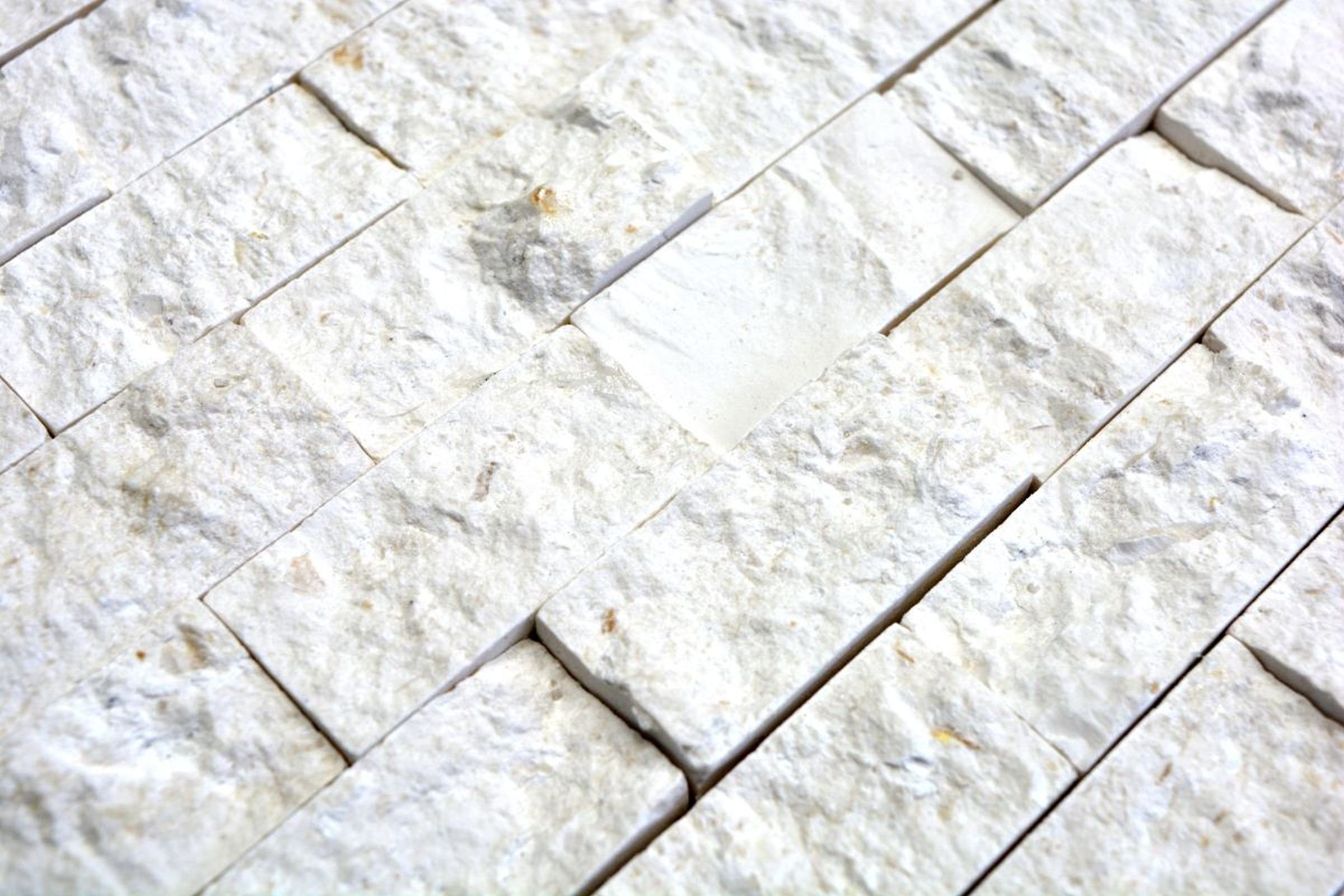 Mosani Mosaikfliesen Kalkstein Mosaik Naturstein Splitface Steinwand weiß creme Brick