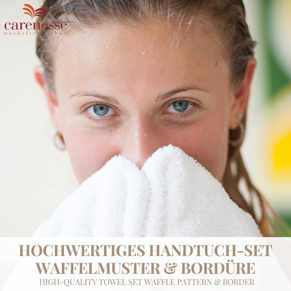 Carenesse Handtuch Set 4x Handtuch, 2x Duschtuch, 2x Badvorleger grau, 8-tlg. Set, Baumwolle, Waffelmuster & Bordüre I Frottee Handtücher fusselfrei & saugstark