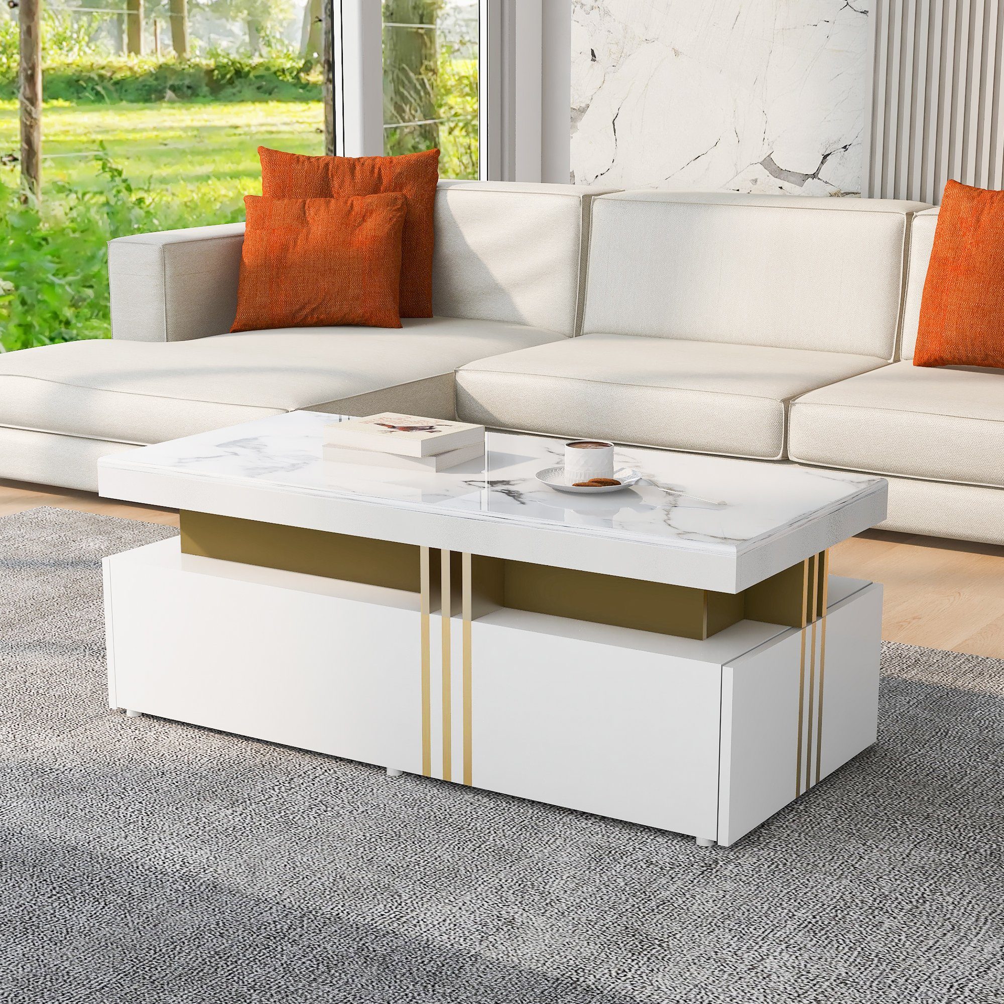 Odikalo Couchtisch Teetisch rechteckig Wohnzimmer 2 Holzschubladen Marmor Schwarz/Weiß