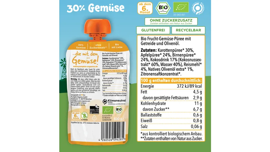 pumpkin organics Bio Quetschie Karotte, Apfel, Birne, Kokos, Reis 100 g