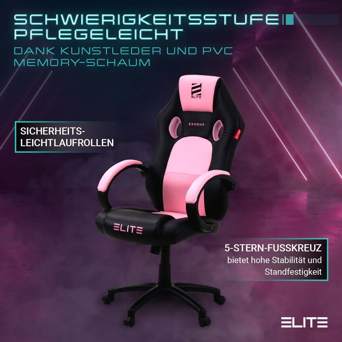 ELITE Gaming Gaming-Stuhl Ergonomischer Gamingstuhl Exodus Bürostuhl inkl. XXL Sitzfläche (Drehstuhl mit verriegelbare Wippmechanik, Armpolster, verstellbare Sitzhöhe, Sicherheits-Doppelrollen, 5-Stern Fußkreuz, 360 Grad horizontal drehbar, PVC Memor