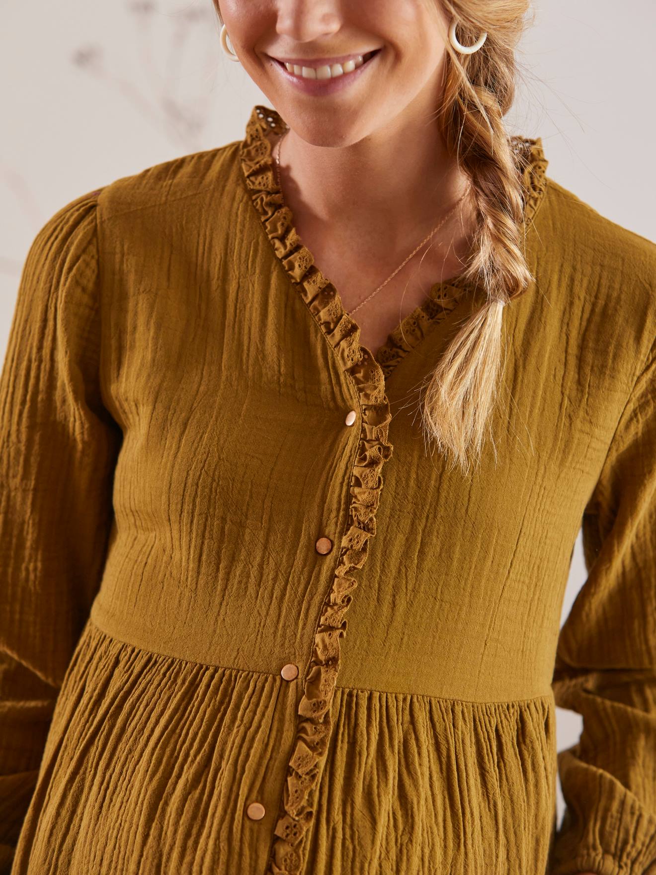 Blouse gaze de coton de grossesse et d'allaitement kaki