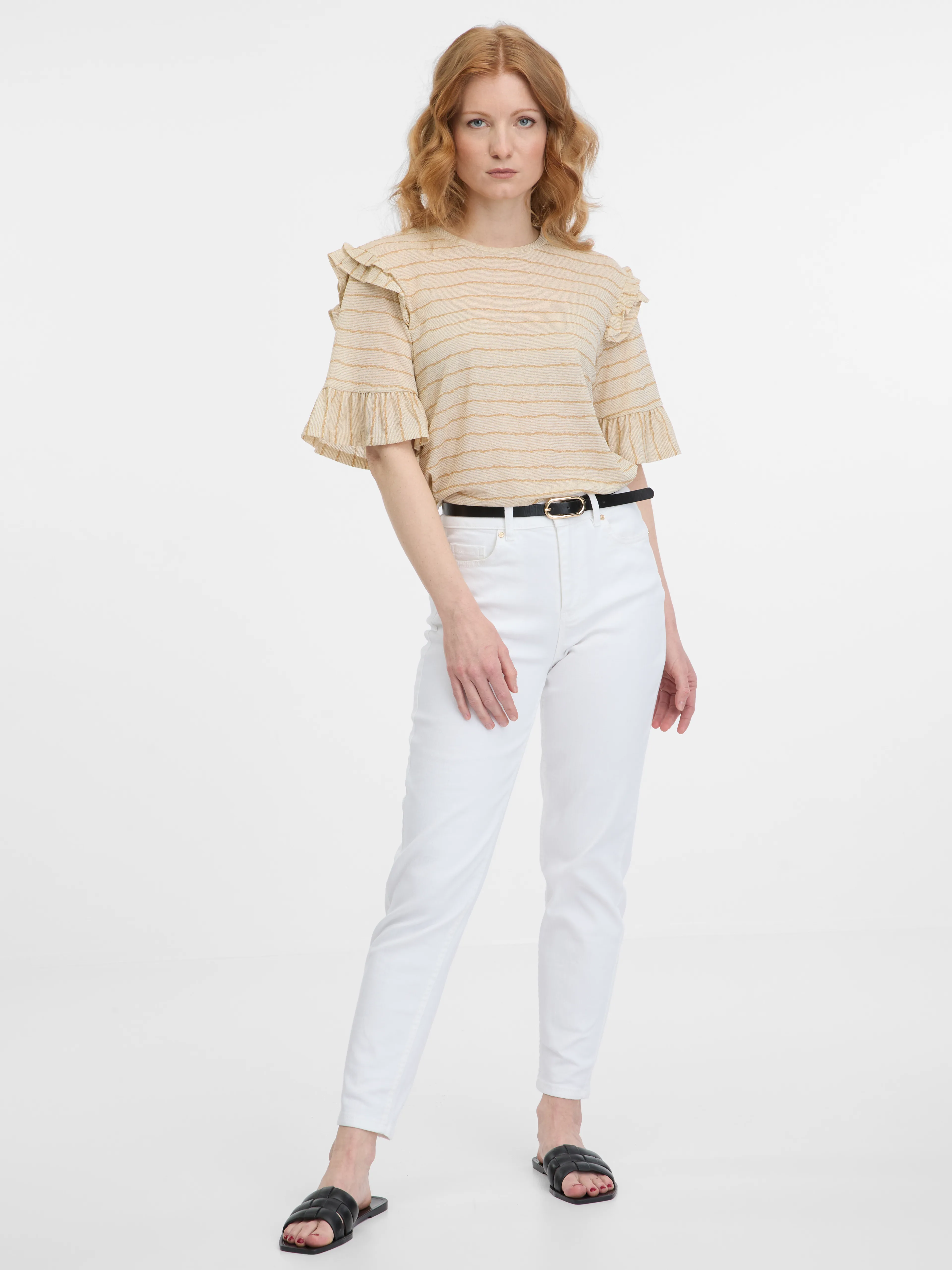 Beigefarbenes gestreiftes Damen-T-Shirt ORSAY