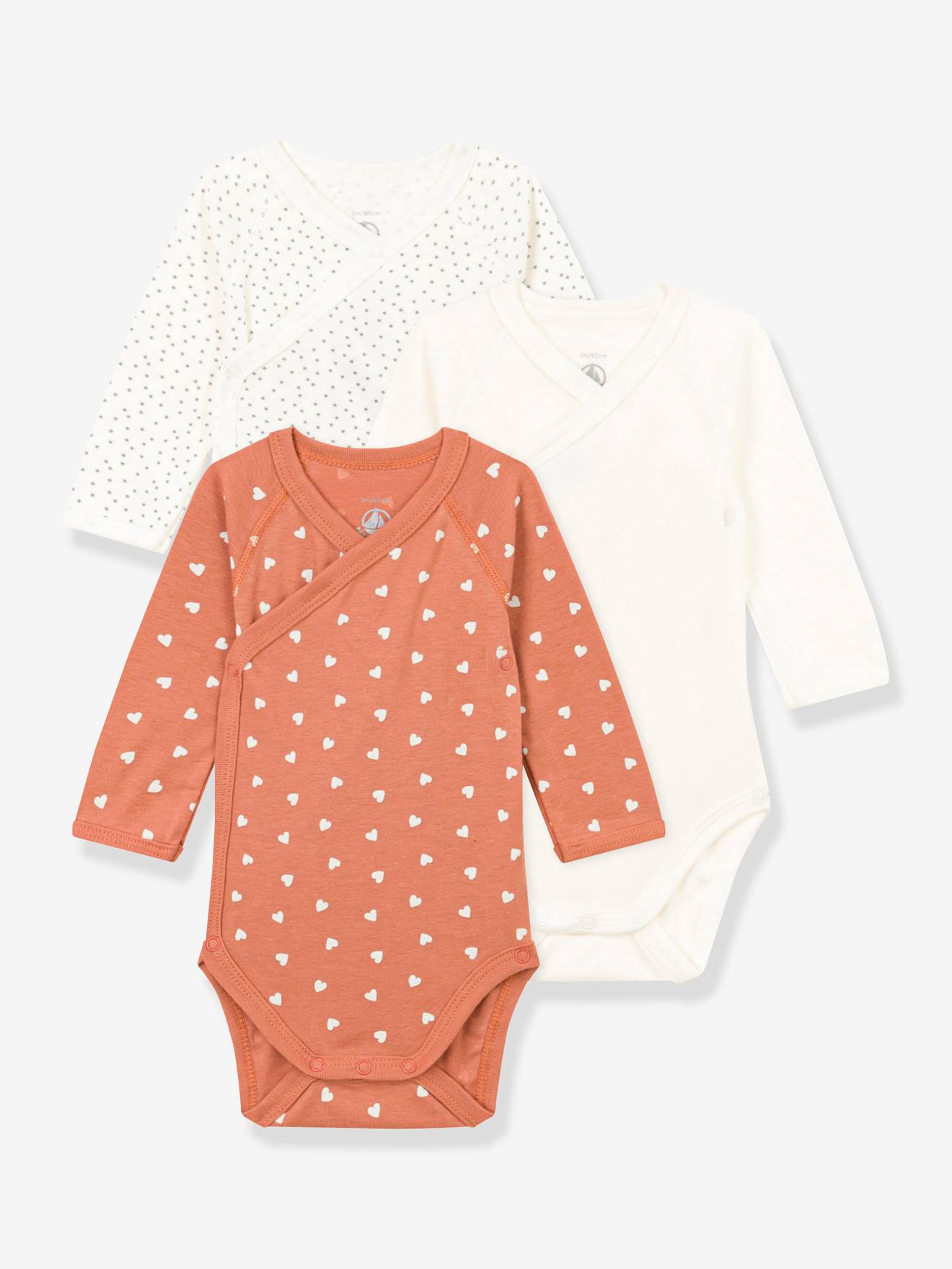 Lot de 3 bodies croisés manches longues en coton PETIT BATEAU blanc imprimé