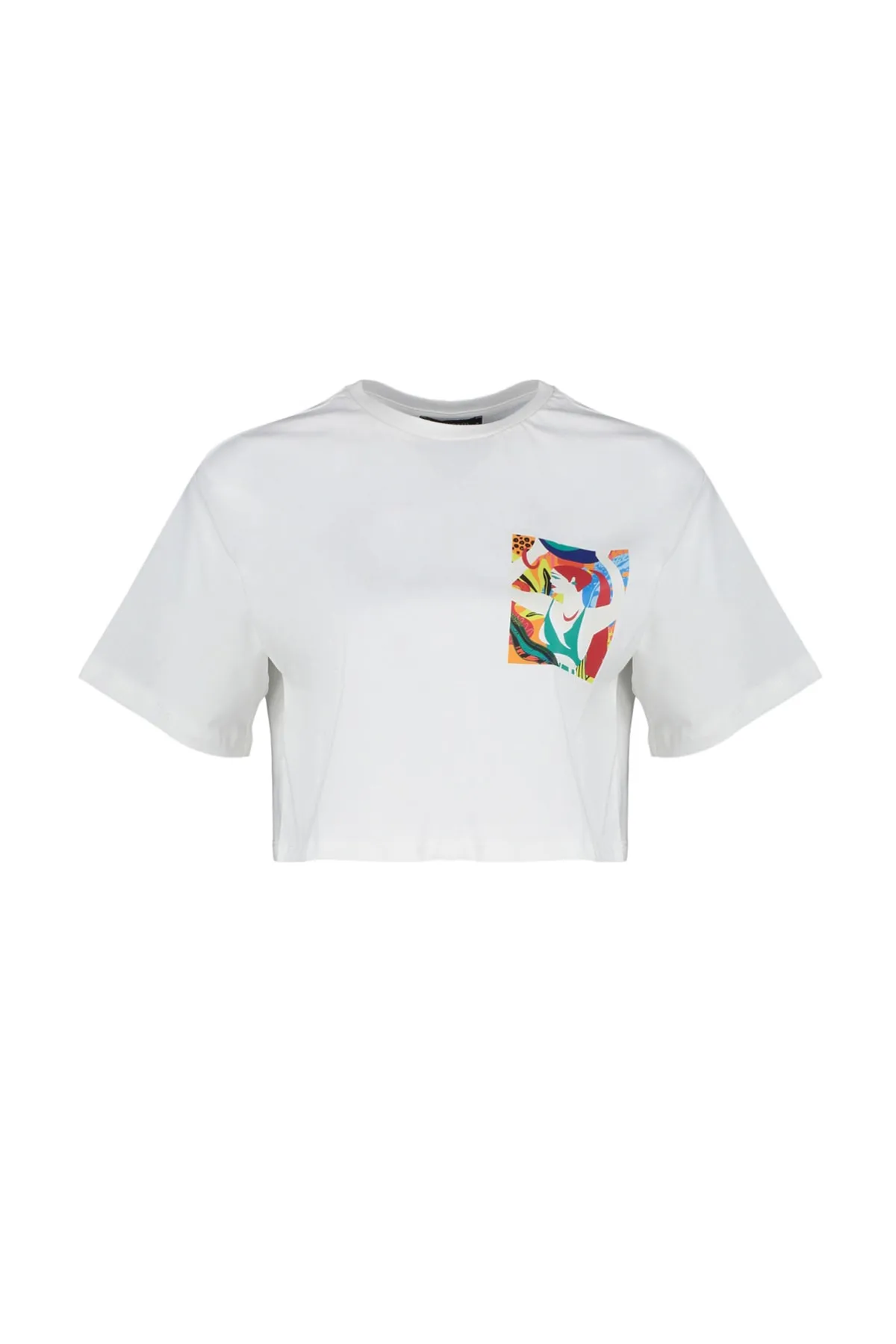 Trendyol Collection  Weißes, 100 % Baumwolle bedrucktes, entspanntes/weites, entspannt geschnittenes, kurzes Strick-T-Shirt mit Rundhalsausschnitt TWOSS23TS00369