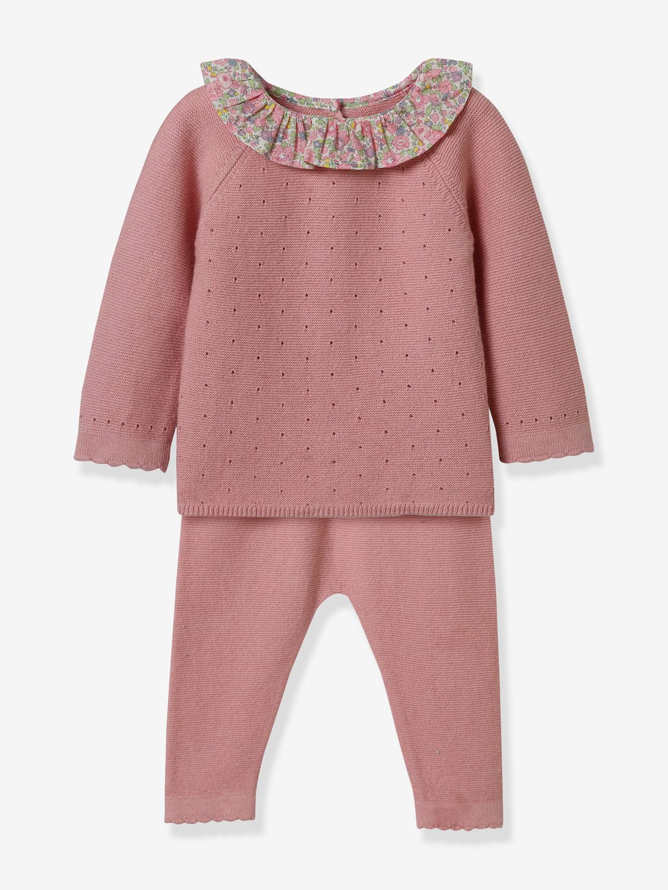 Ensemble tricot Bébé col en tissu Liberty CYRILLUS rose