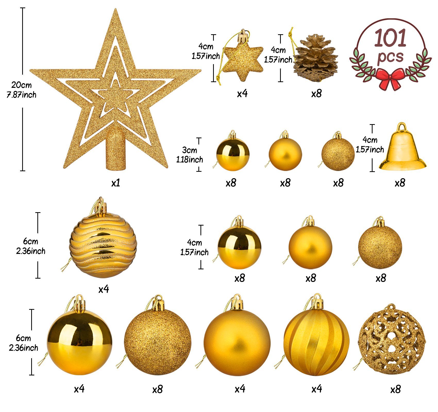 Homewit Christbaumschmuck Weihnachtskugeln Weihnachtsbaumspitze Stern Weihnachtsdeko Set (101-tlg), Kunststoff Christbaumkugeln mit Aufhänger Deko