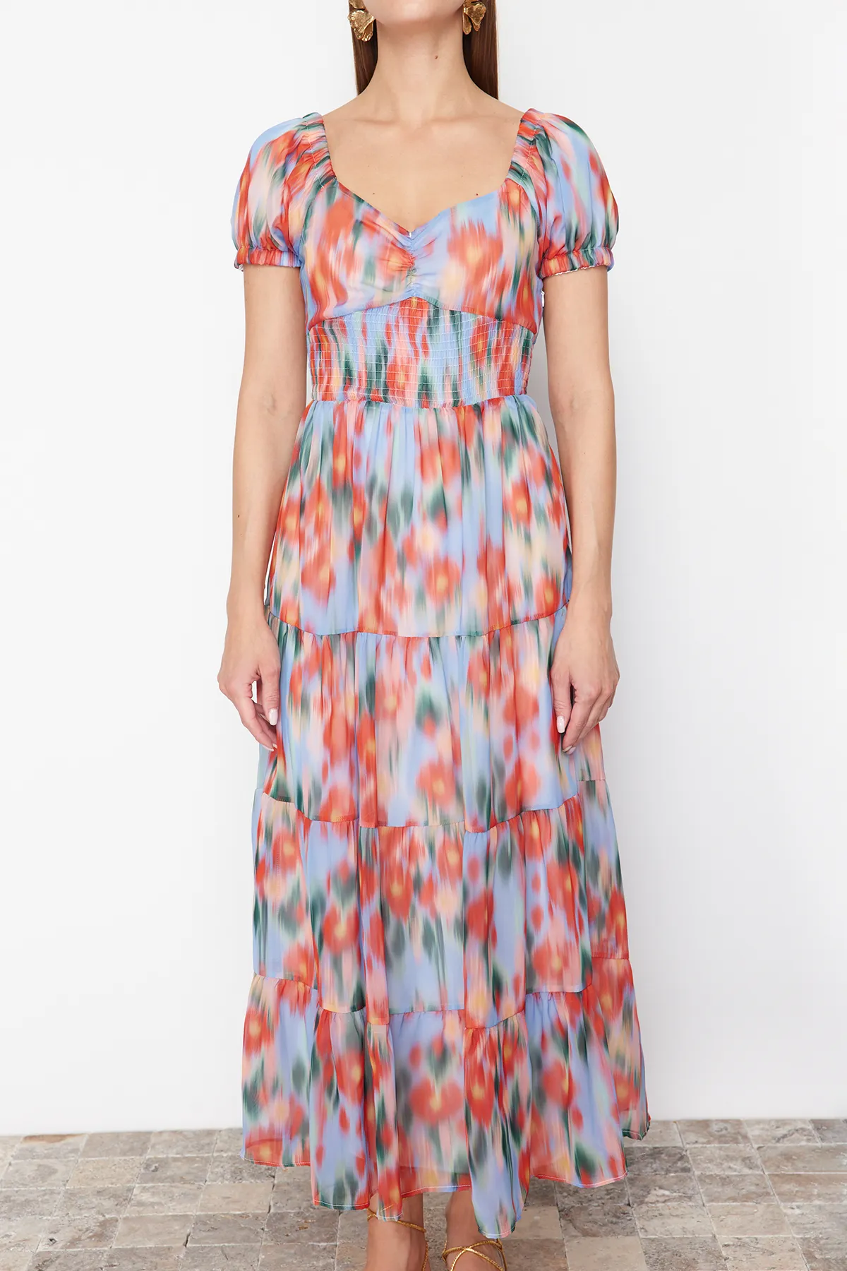 Trendyol Collection  Blauer Blumendruck - Gipe Detailliertes A-Linien-Maxikleid TWOSS24EL00807