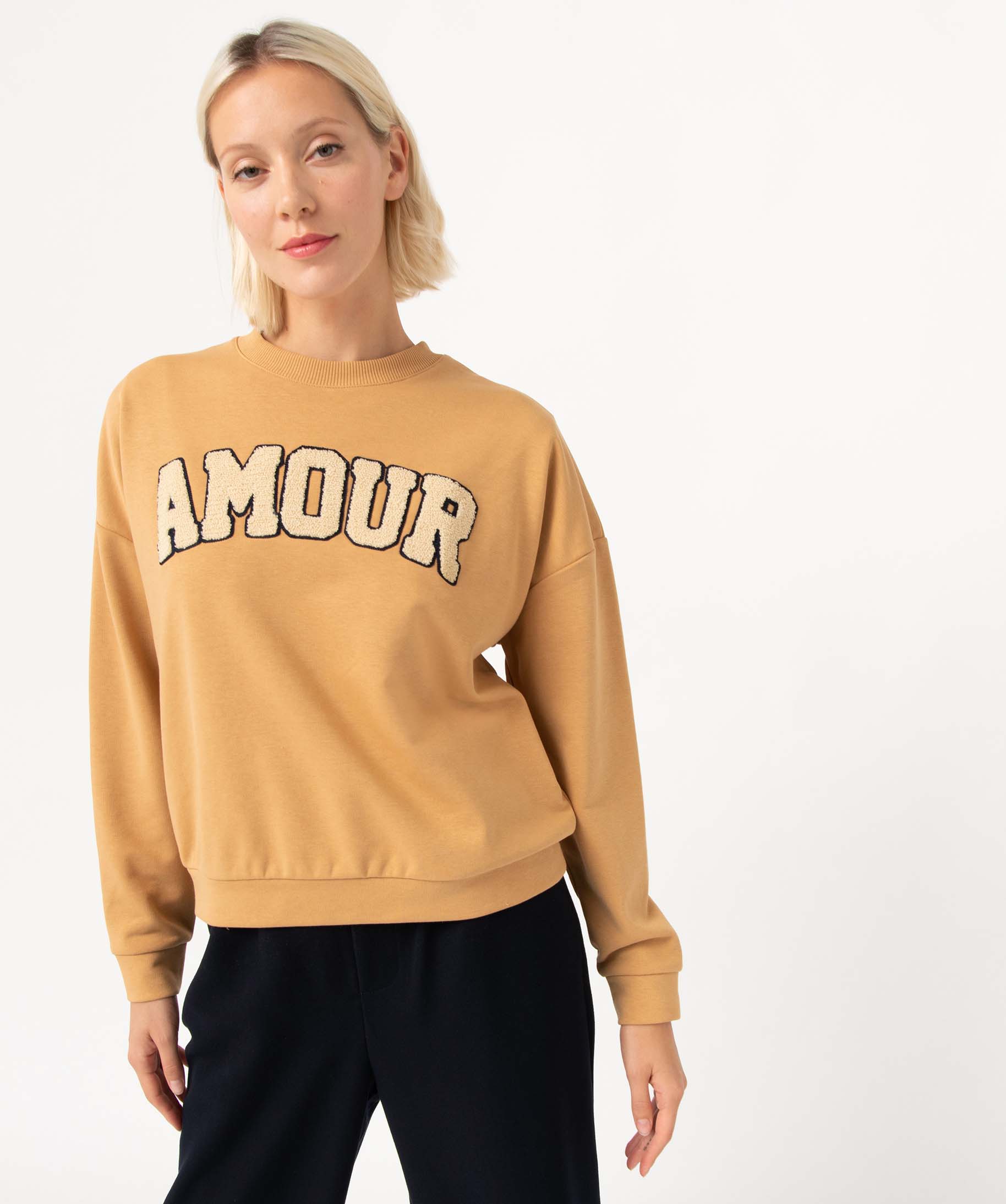 Sweat femme oversize à message brodé camel | GEMO
