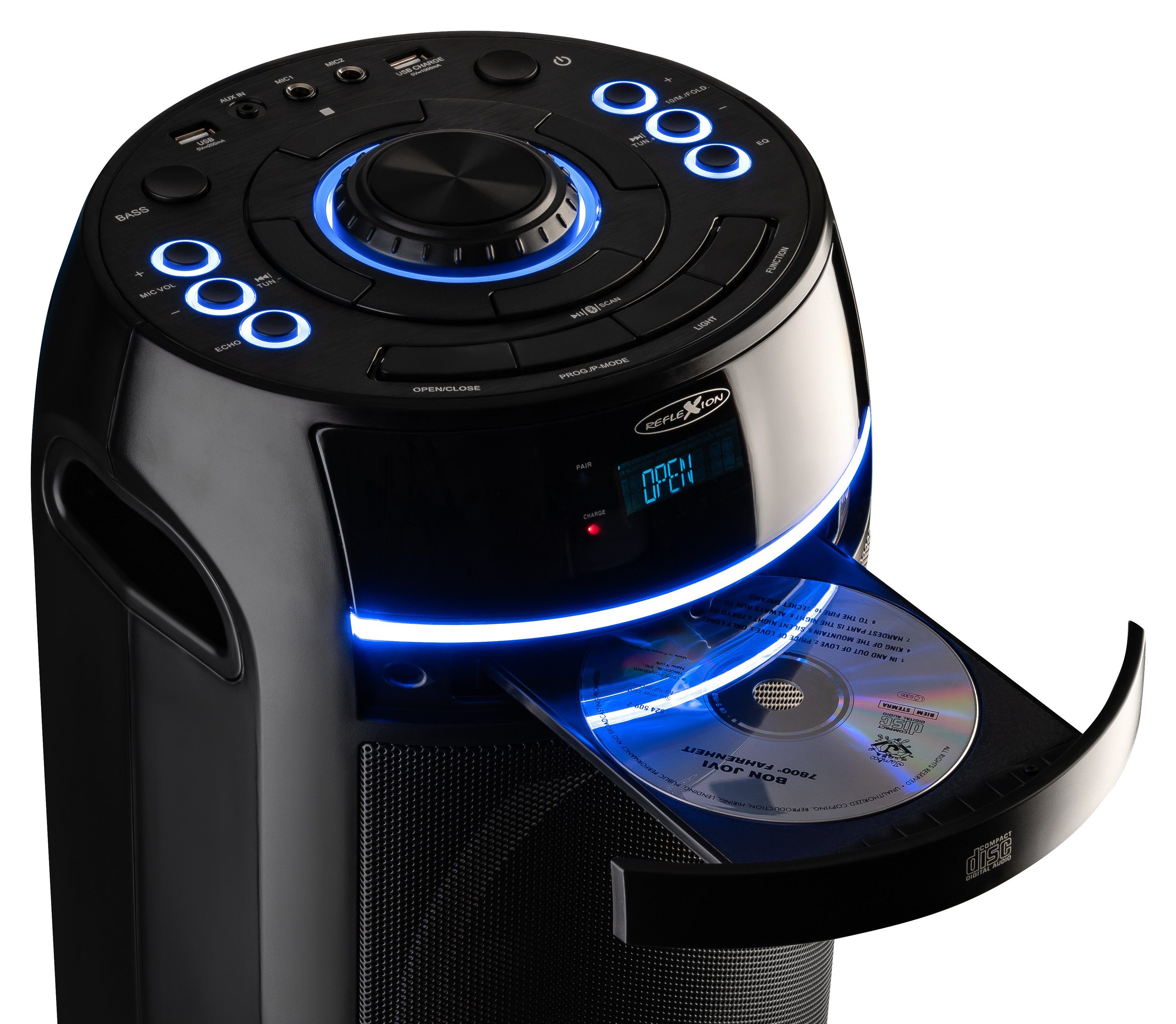 Reflexion PS10BTCD mit CD-Player Party-Lautsprecher (450 W, mit Radio, Bluetooth, USB, MP3, CD, AUX-IN, Akku)