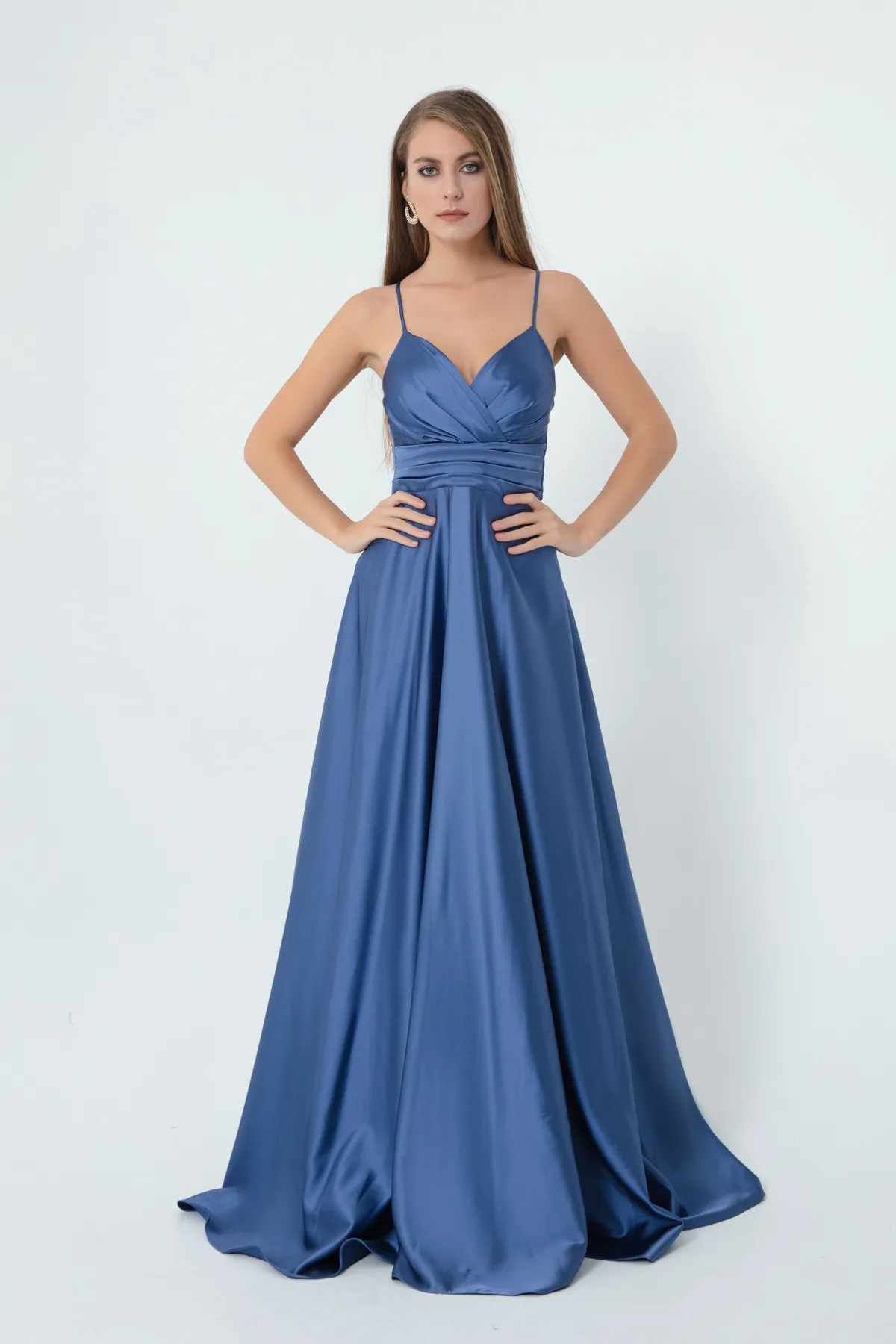 Lafaba  Damen-Abendkleid und Abschlusskleid aus Satin in Indigo-Optik mit Taillengürtel und Gürtel