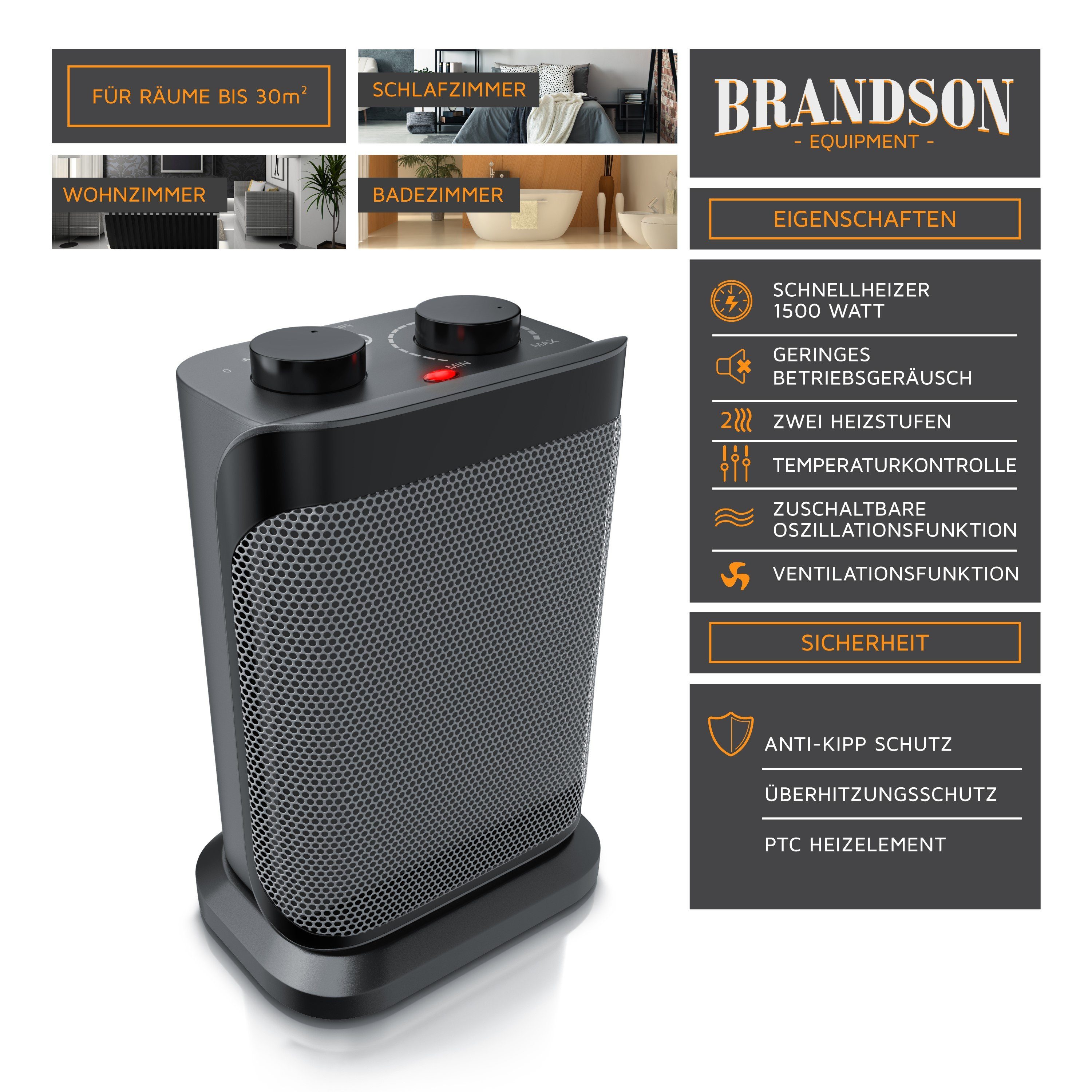 Brandson Keramikheizlüfter, 1500 W, Keramik Heizlüfter mit Oszilationsfunktion, Bad Keramikheizgerät